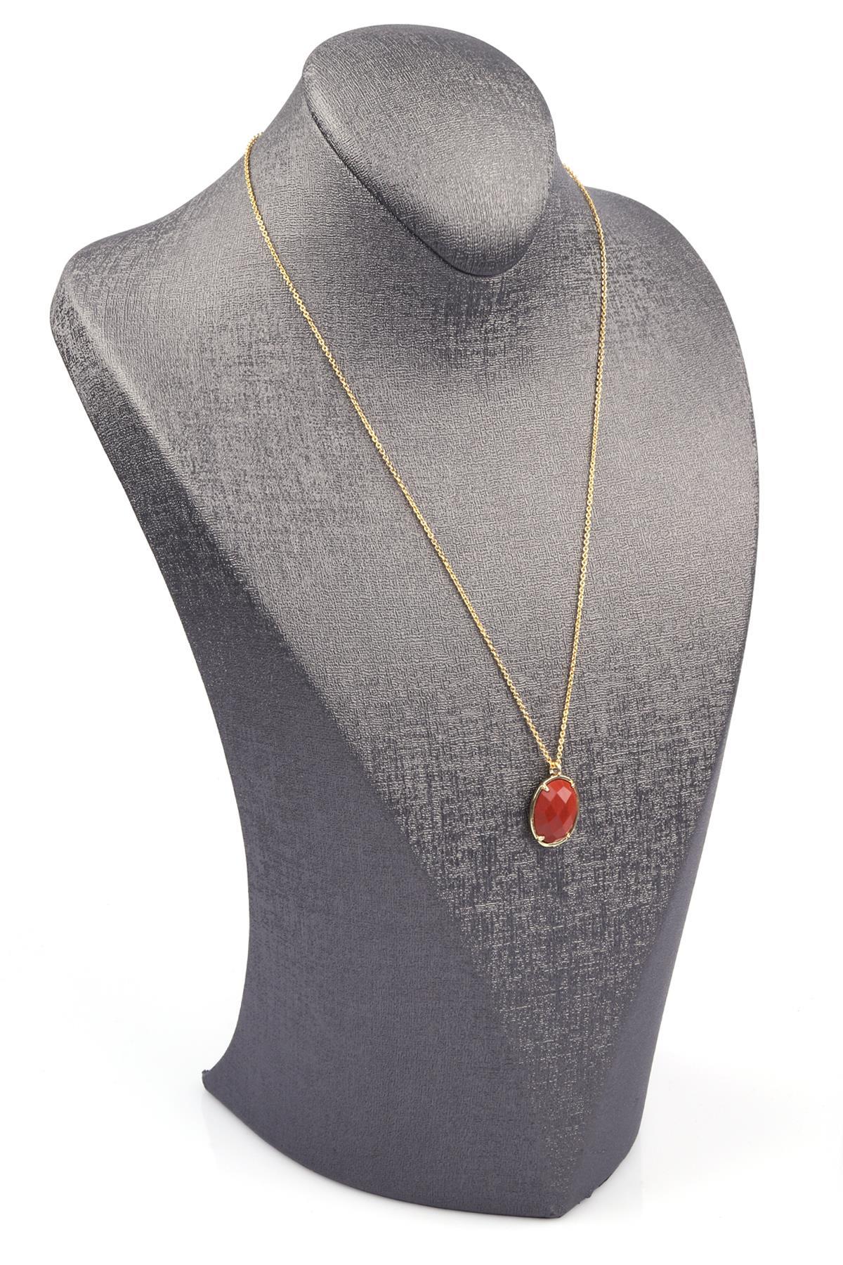 Red Jasper Doğal Taş Gold Renkli Kolye