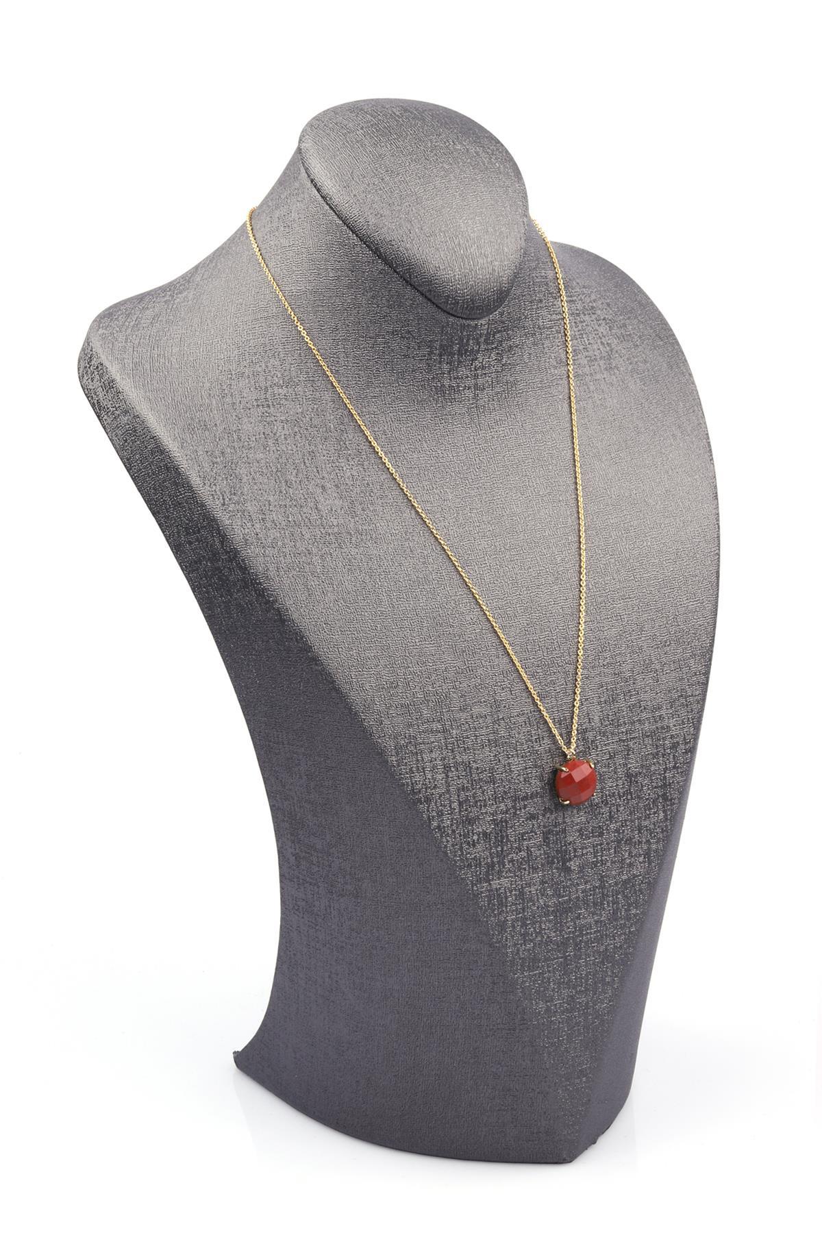 Red Jasper Doğal Taş Gold Renkli Kolye