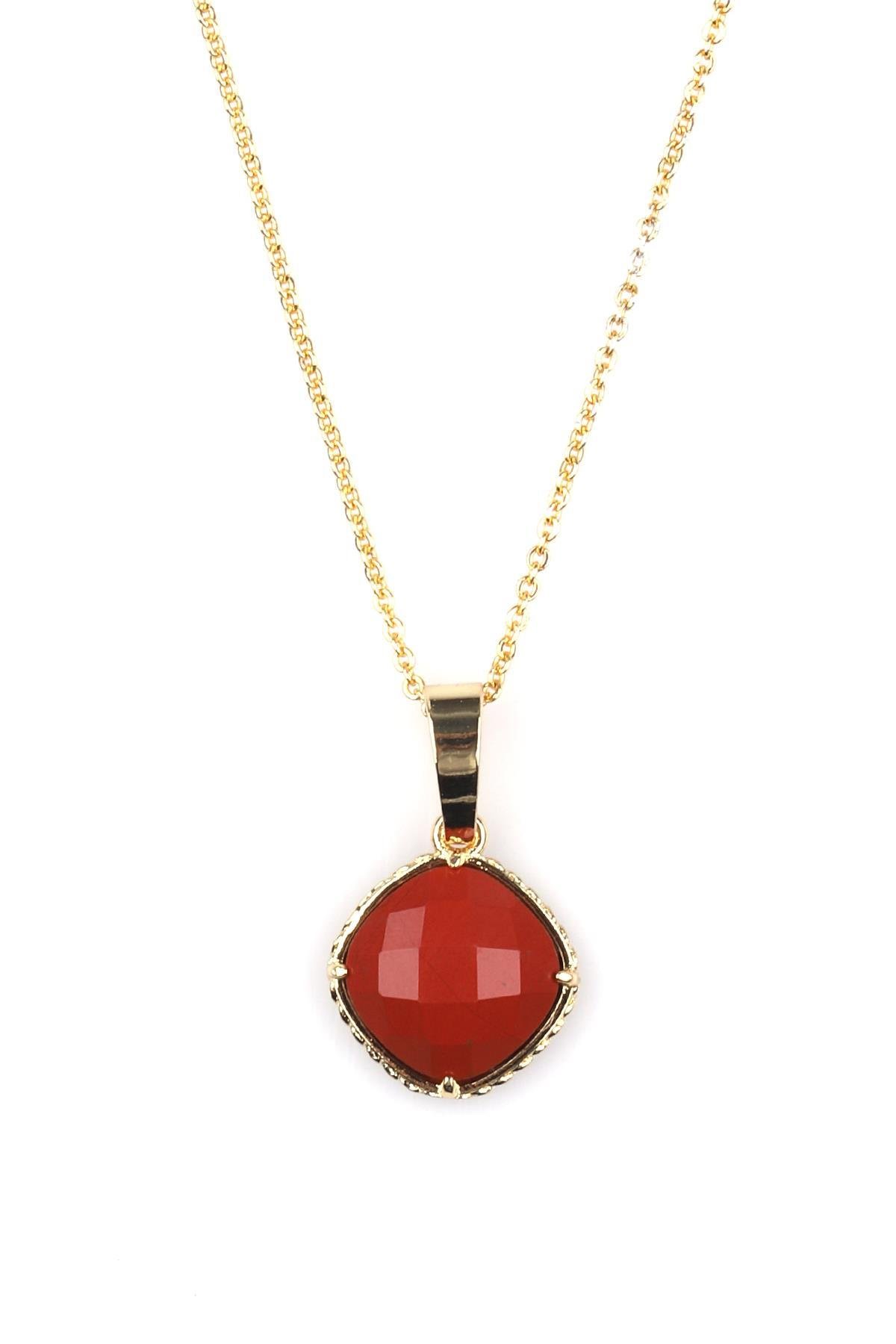 Red Jasper Doğal Taş Gold Renkli Kolye