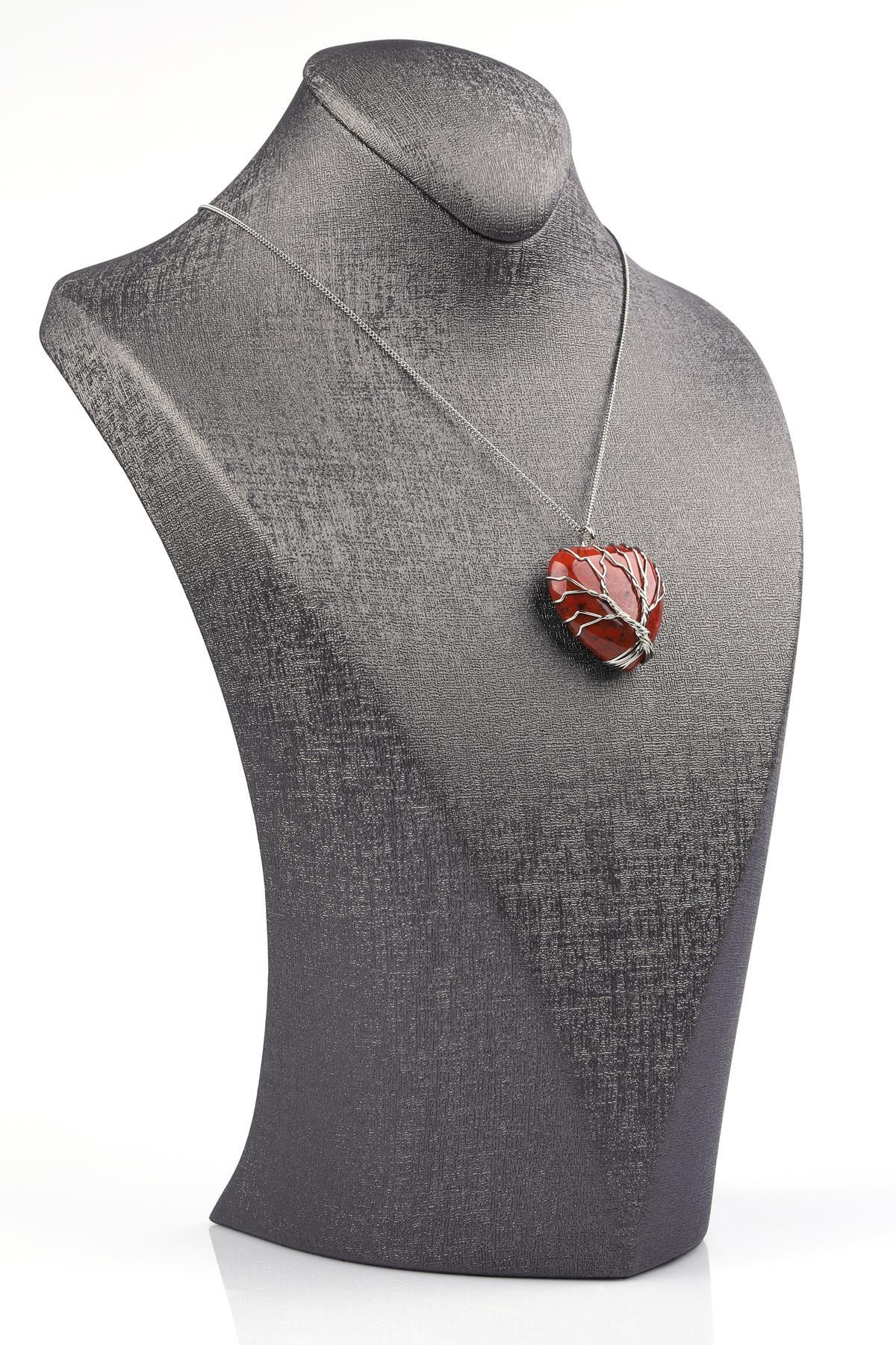 Red Jasper Doğal Taş Kalp Model Tel Sarmalı Kolye