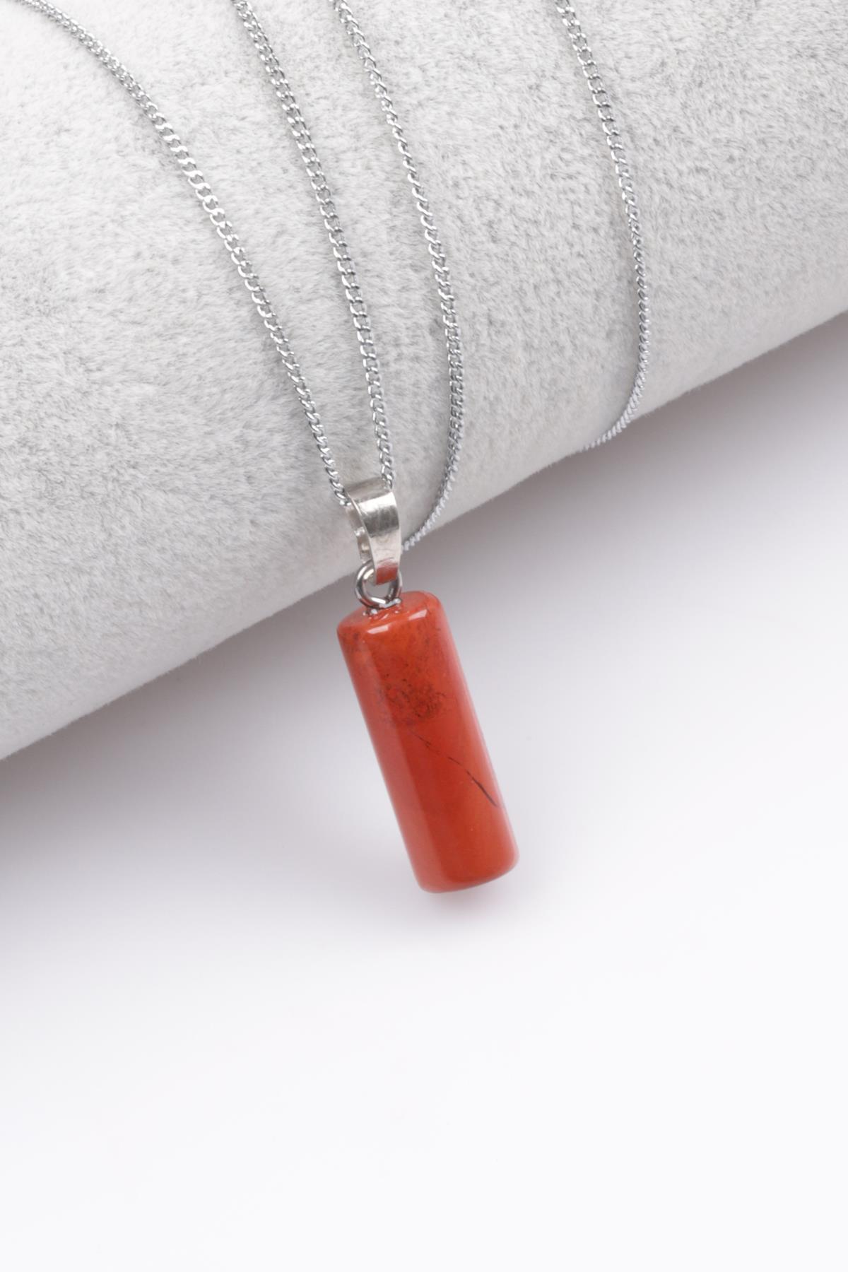 Red Jasper Doğal Taş Silindir Kesim Kolye