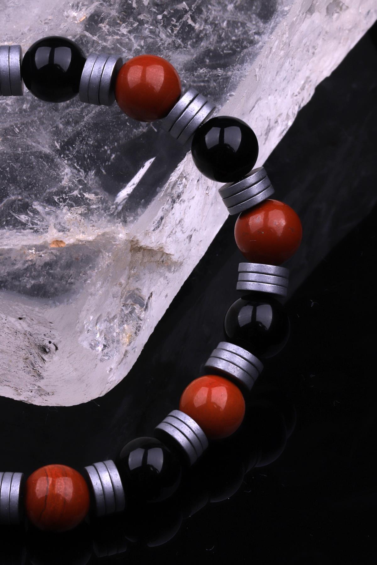 Red Jasper - Oniks - Hematit Doğal Taş Tasarım Bileklik 