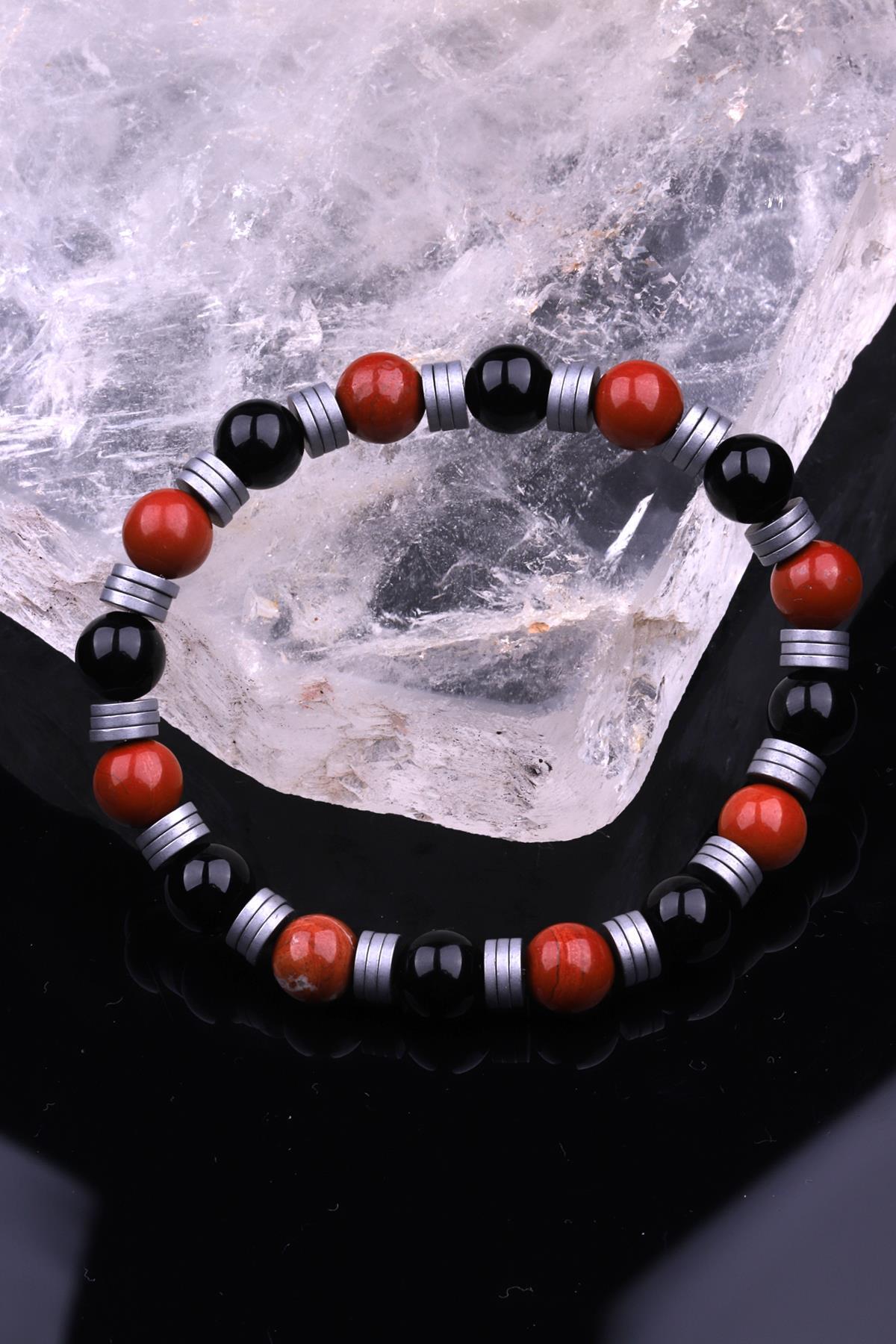 Red Jasper - Oniks - Hematit Doğal Taş Tasarım Bileklik 