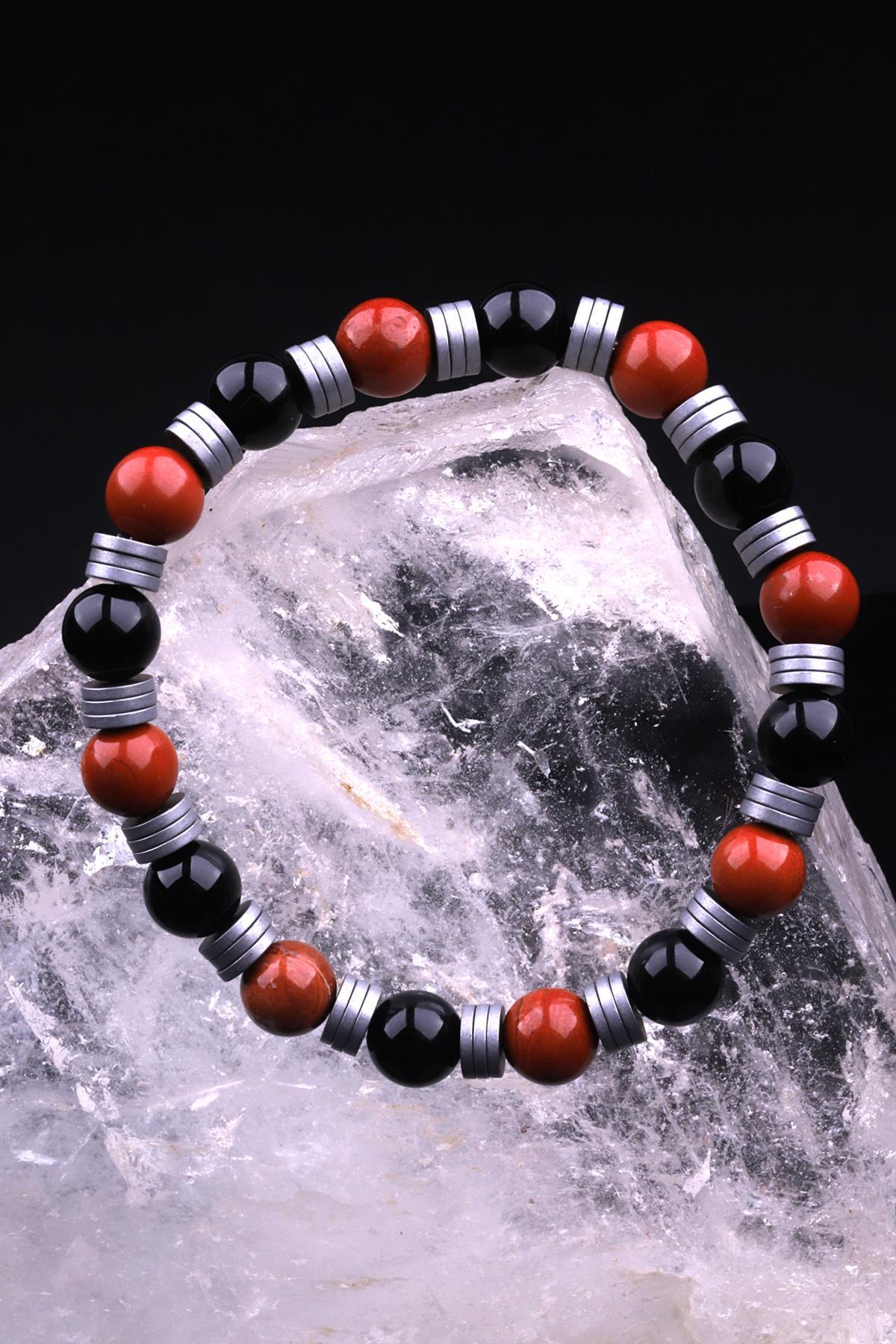 Red Jasper - Oniks - Hematit Doğal Taş Tasarım Bileklik 