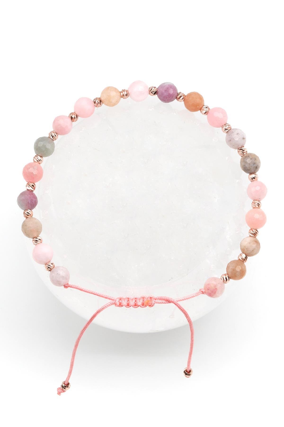 Renkli Kuvars Doğal Taş Makrome Örme Bileklik Fasetli Küre Kesim