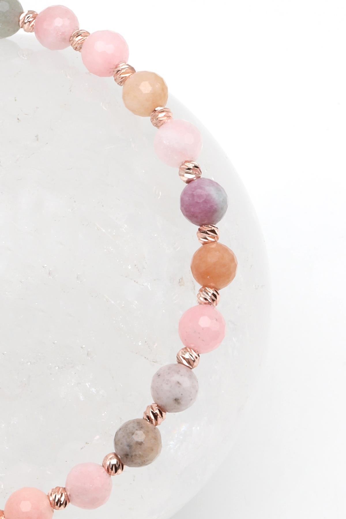 Renkli Kuvars Doğal Taş Makrome Örme Bileklik Fasetli Küre Kesim