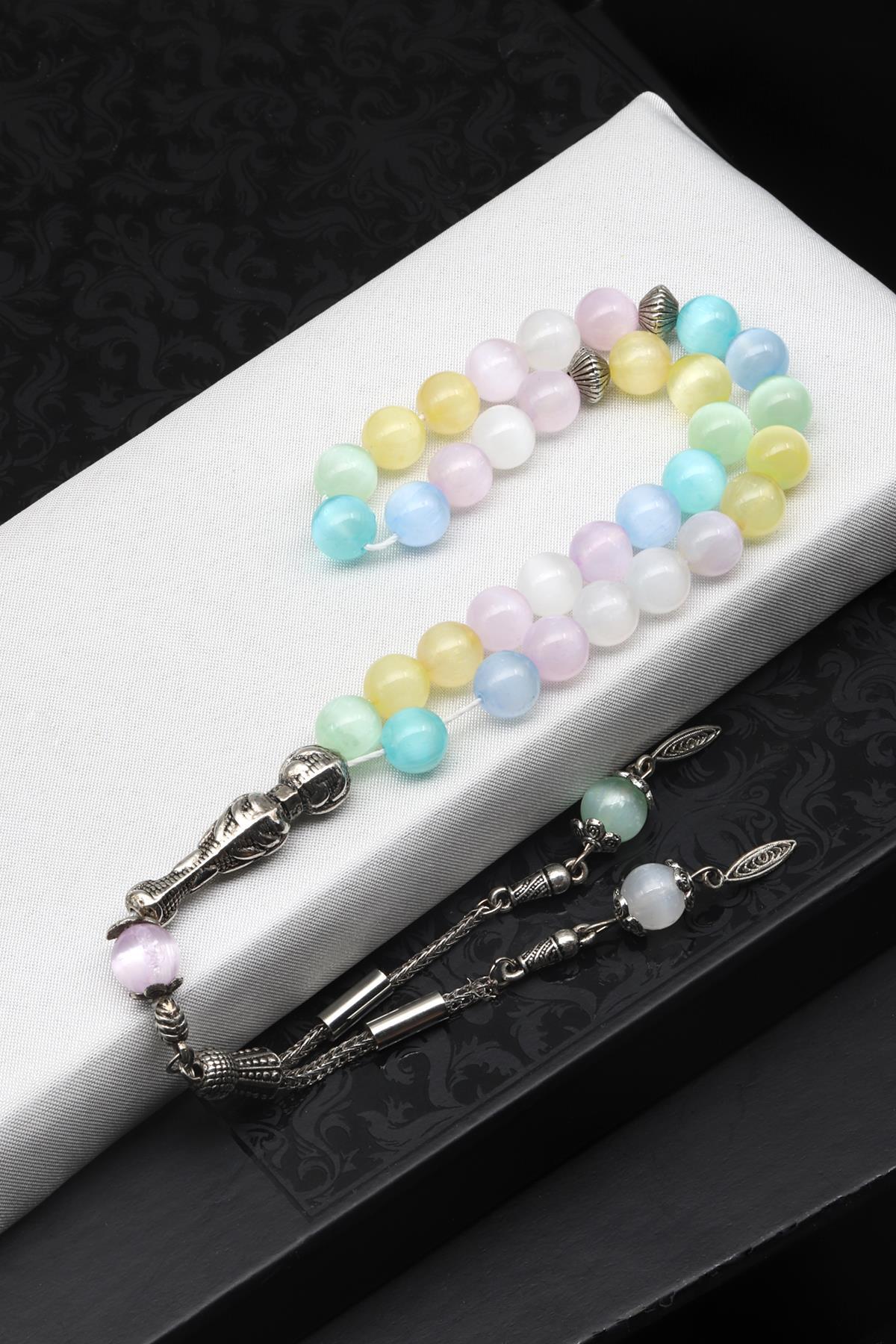 Renkli Selenit Doğal Taş Tesbih 8 mm Küre Kesim