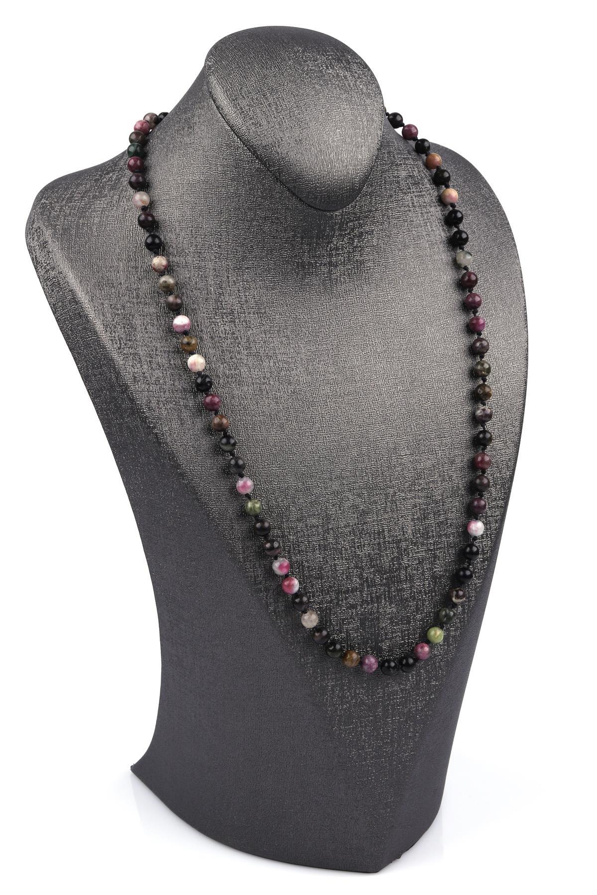 Renkli Turmalin Doğal Taş 6 mm Düğümlü Kolye