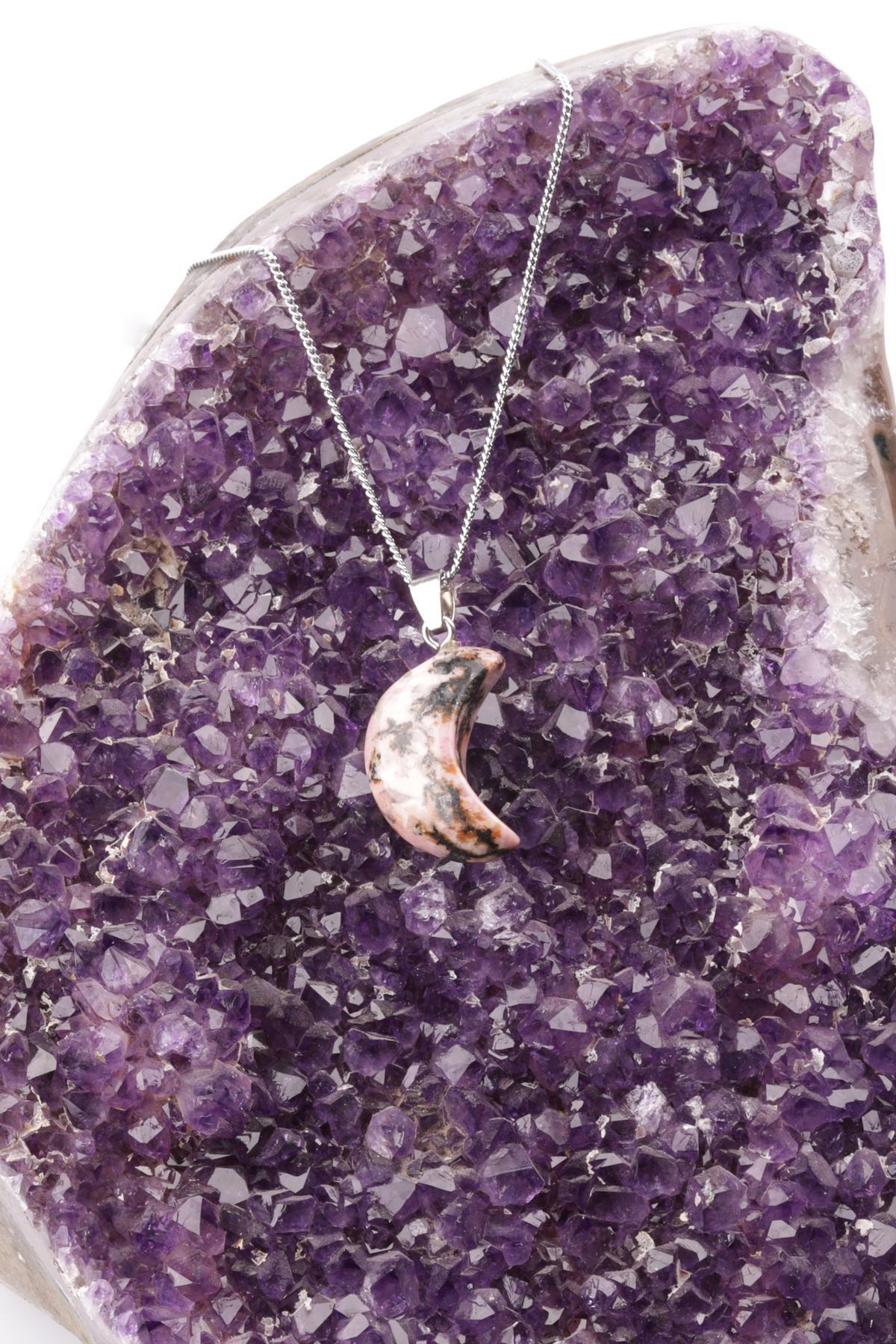 Rodonit Doğal Taş Ay Model Kolye