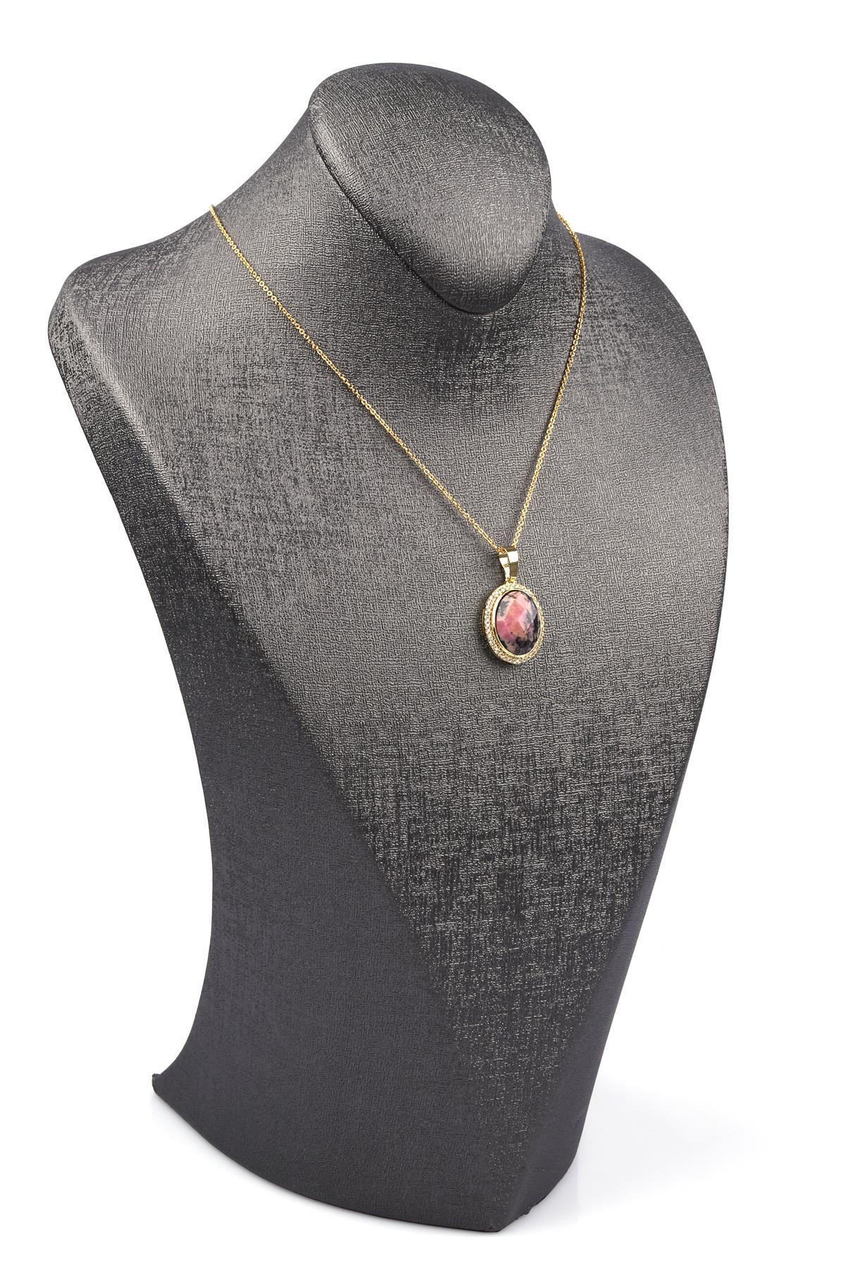 Rodonit Doğal Taş Gold Renkli Kolye