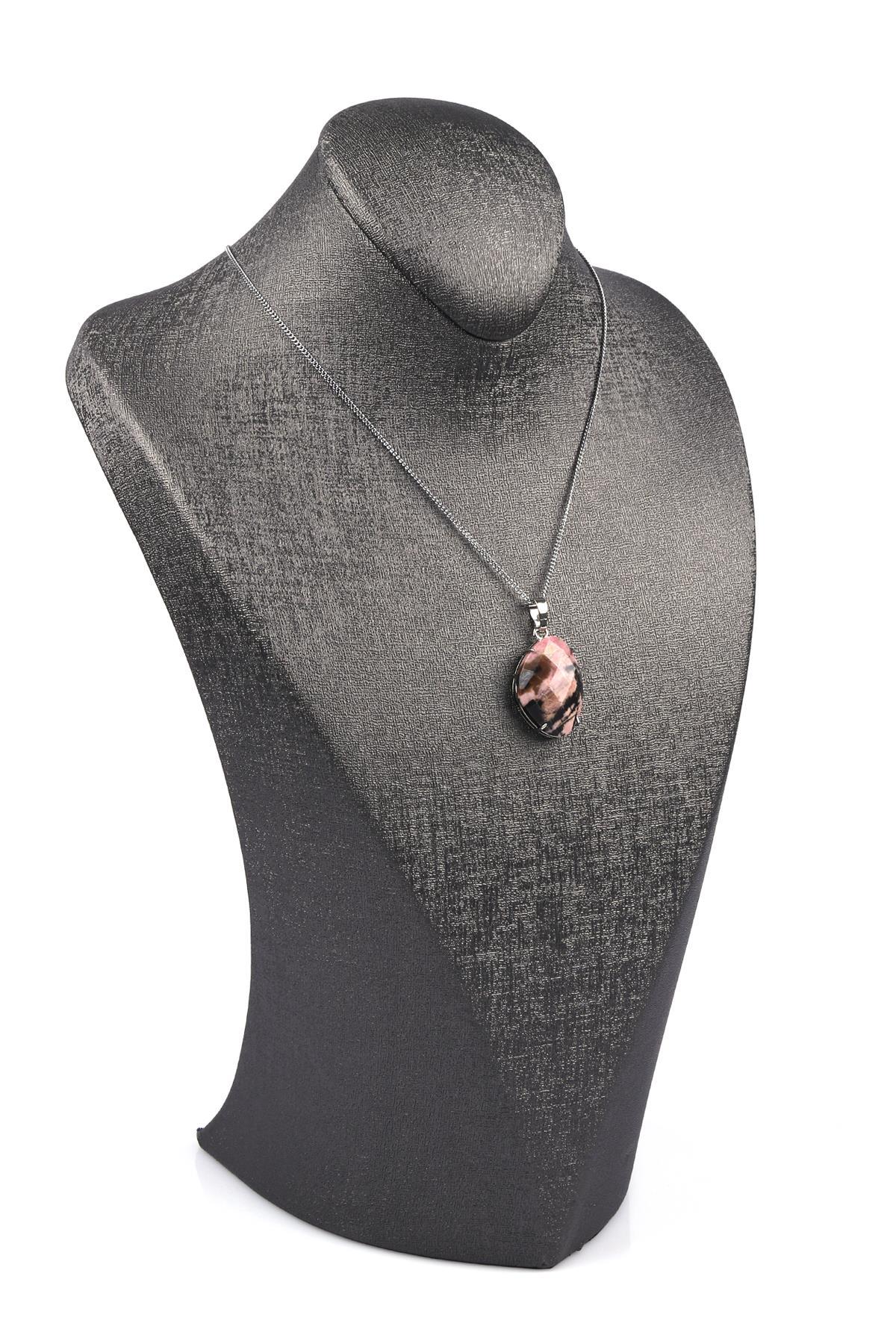 Rodonit Doğal Taş Gümüş Renkli Kolye