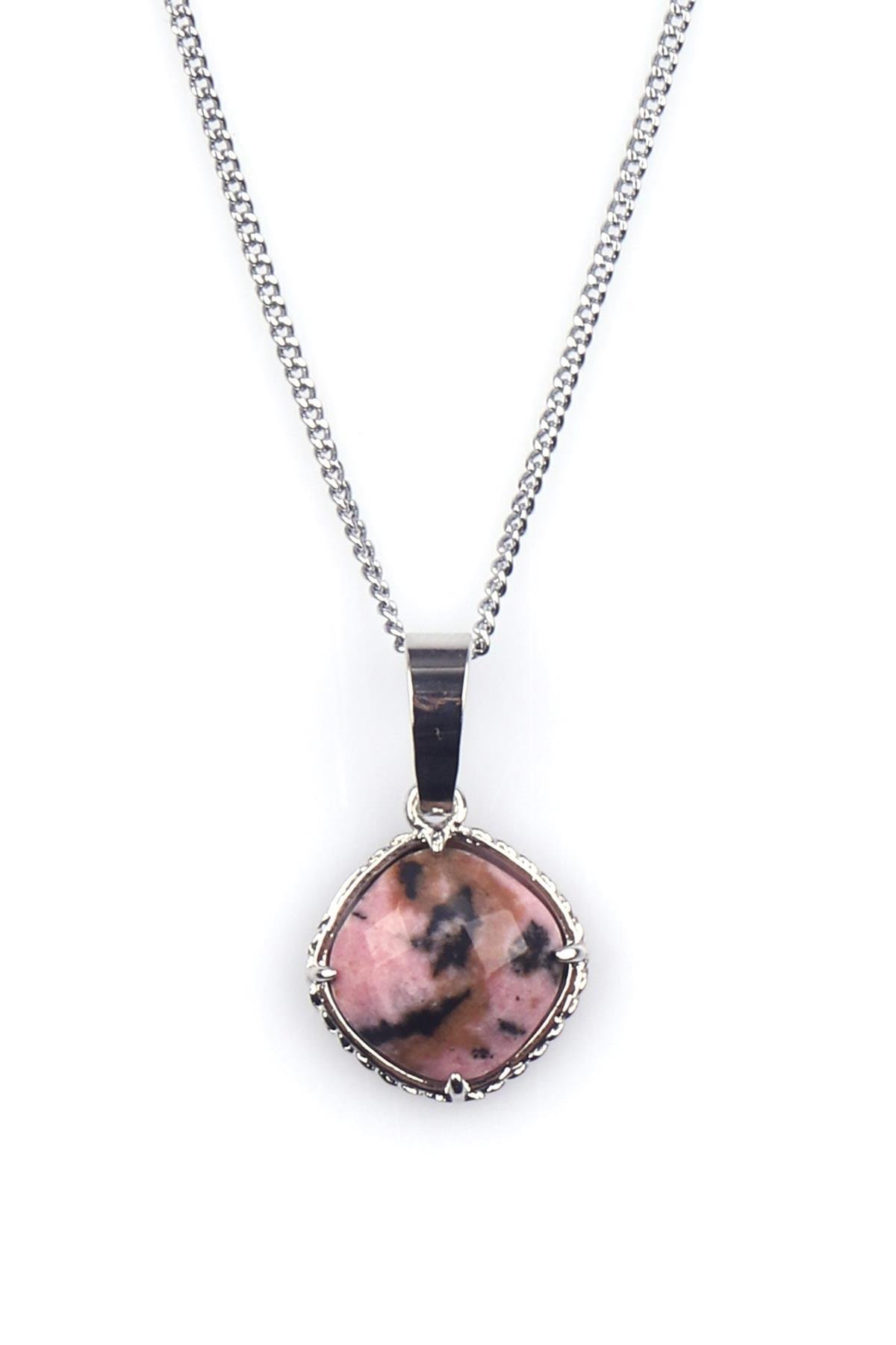 Rodonit Doğal Taş Gümüş Renkli Kolye
