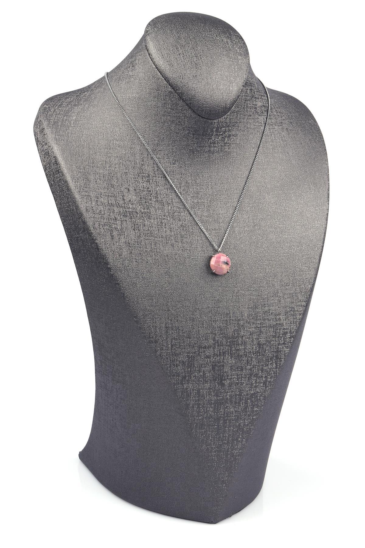 Rodonit Doğal Taş Gümüş Renkli Kolye