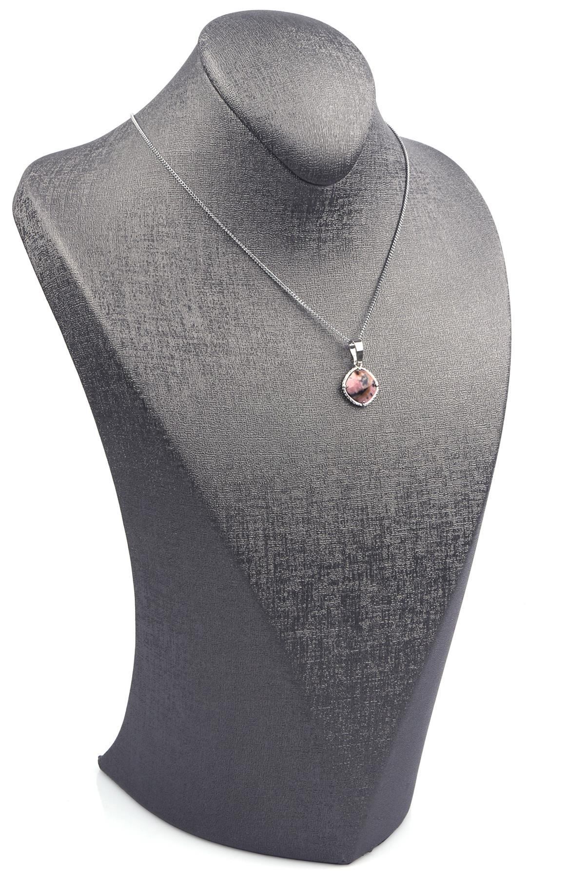 Rodonit Doğal Taş Gümüş Renkli Kolye