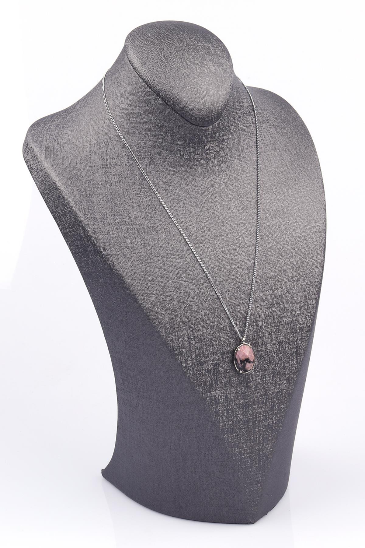 Rodonit Doğal Taş Gümüş Renkli Kolye