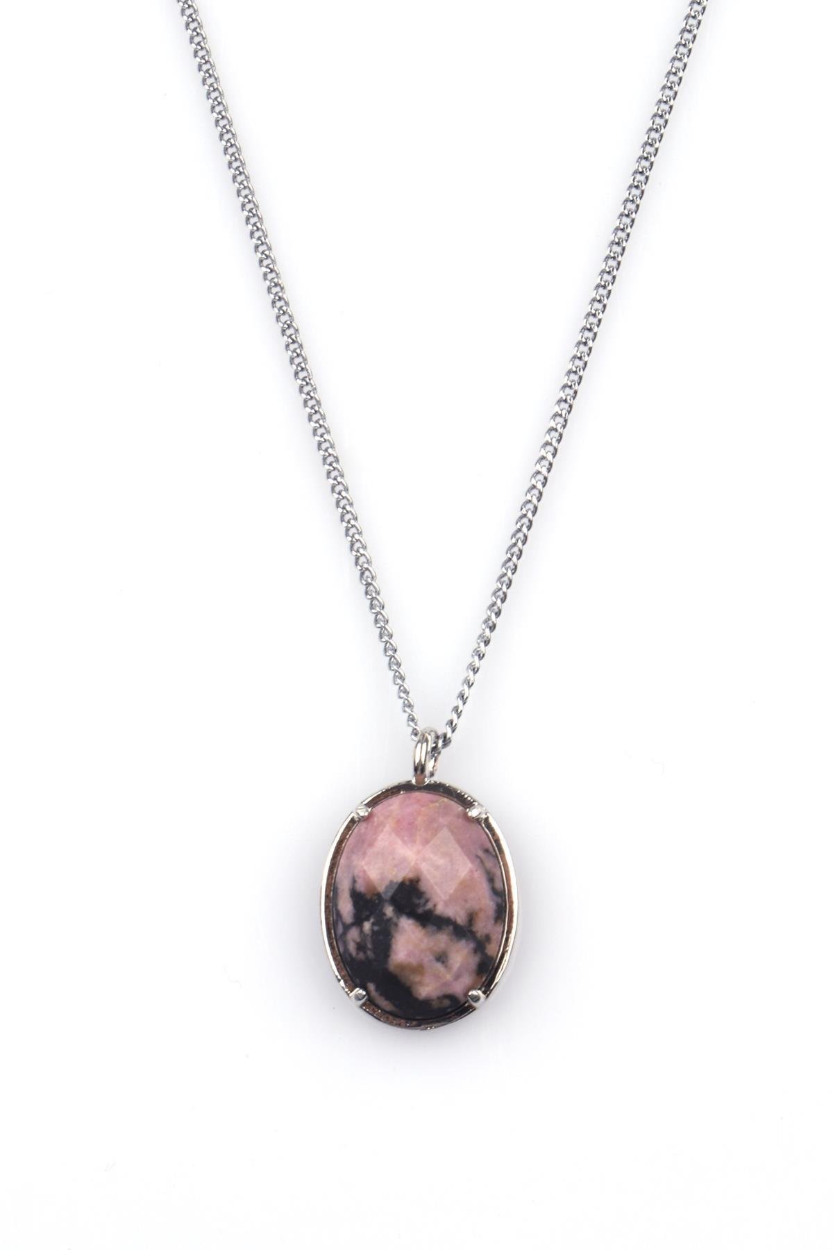 Rodonit Doğal Taş Gümüş Renkli Kolye