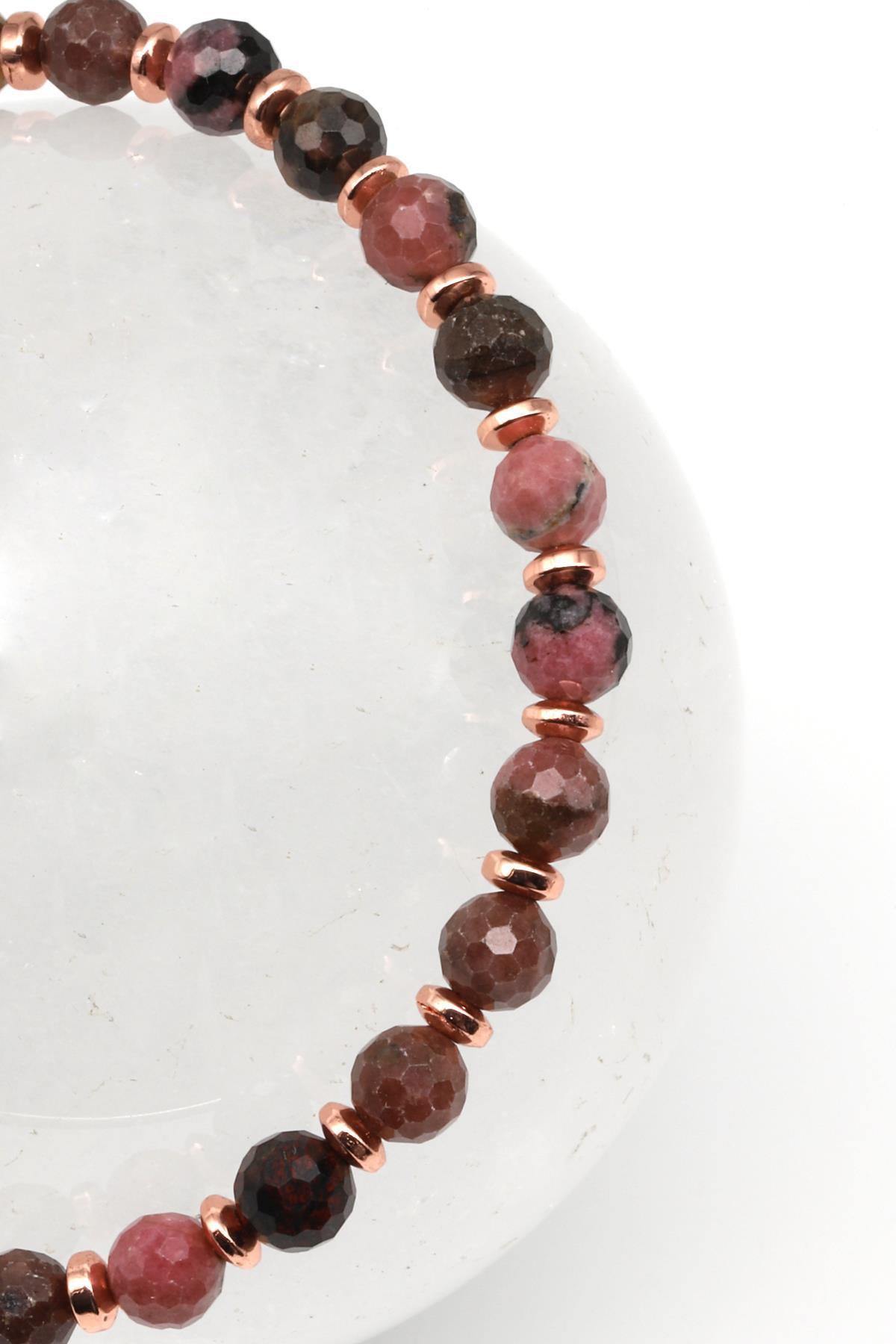 Rodonit Doğal Taş Makrome Örme Bileklik Fasetli Küre Kesim