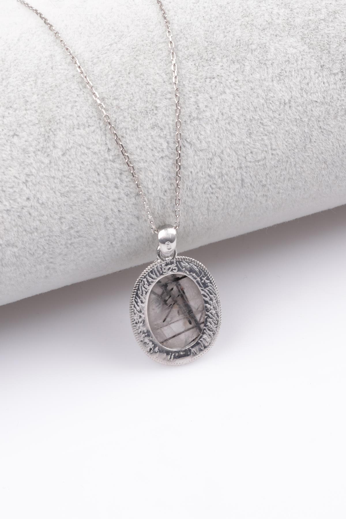 Rutil Kuvars Doğal Taş 925 Ayar Gümüş Kolye