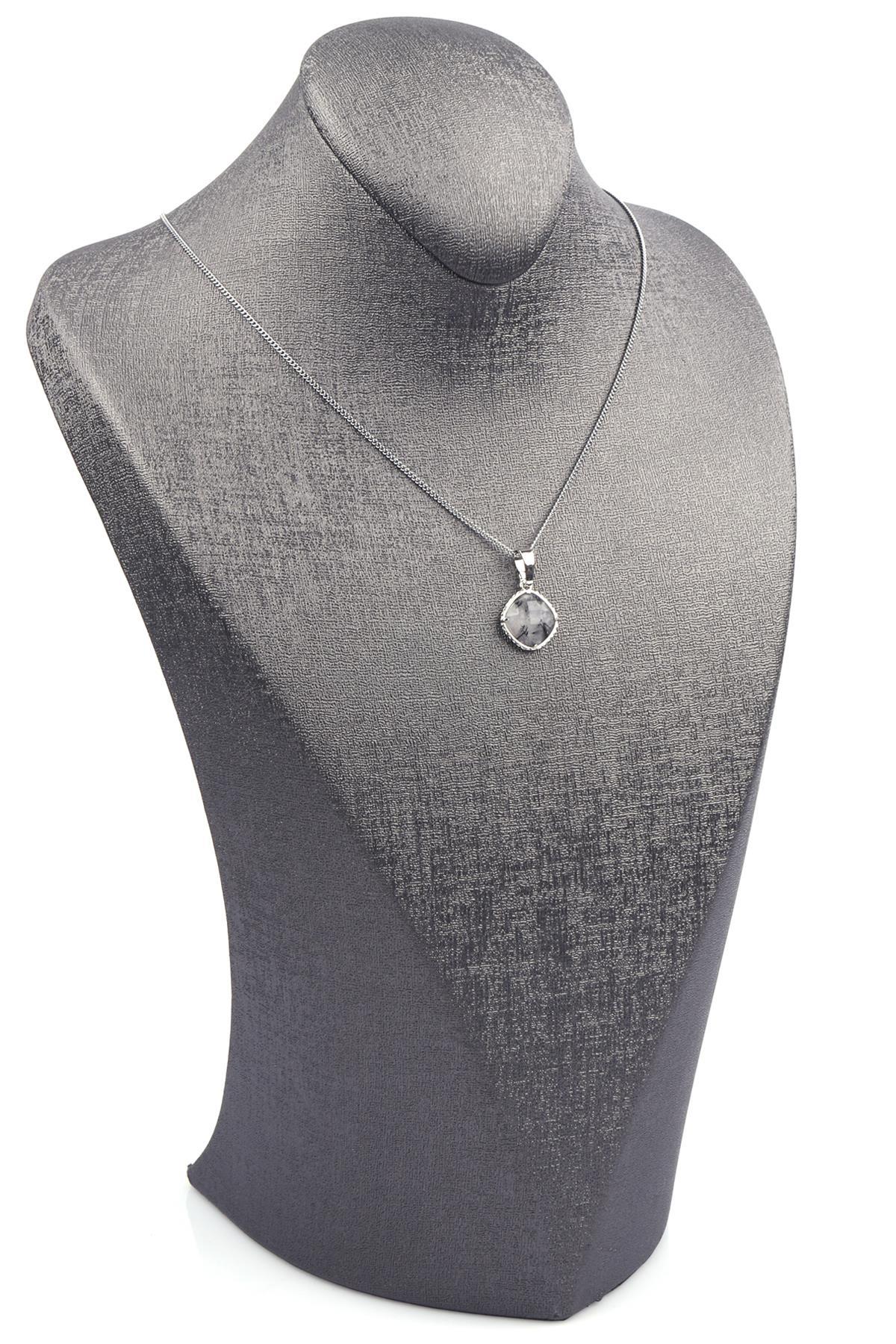 Rutil Kuvars Doğal Taş Gümüş Renkli Kolye