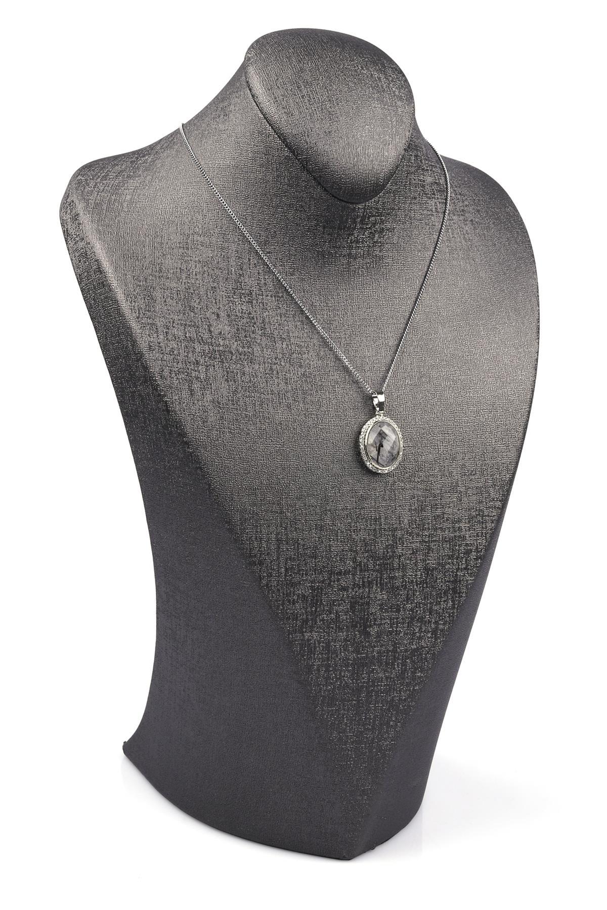 Rutil Kuvars Doğal Taş Gümüş Renkli Kolye