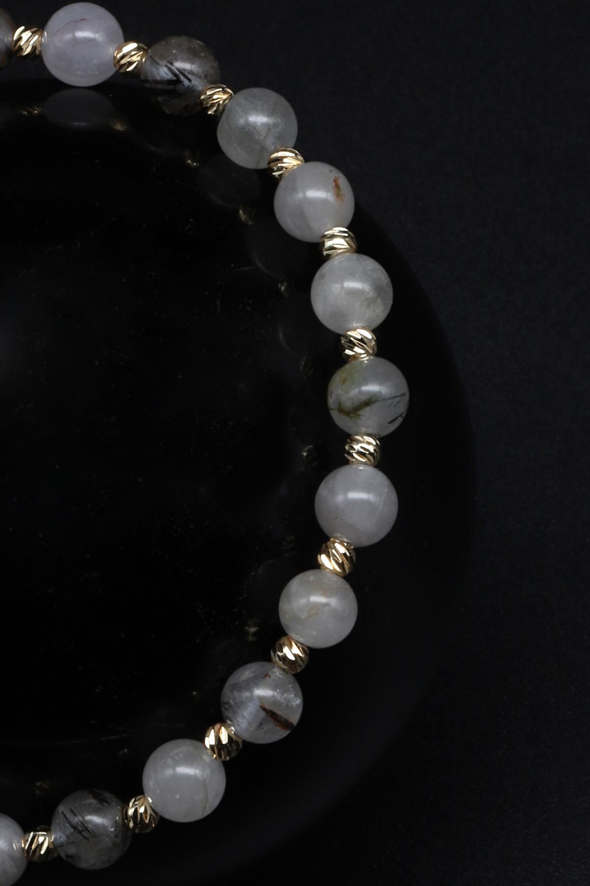 Rutilli Kuvars Doğal Taş Makrome Örme Bileklik Küre Kesim