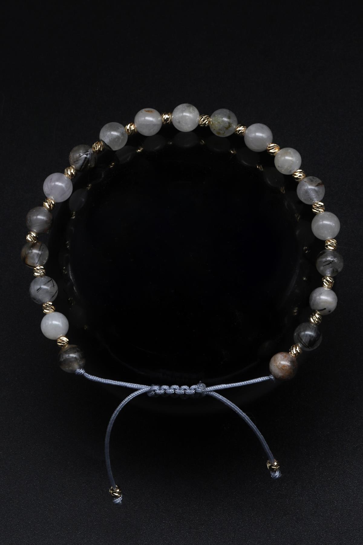 Rutilli Kuvars Doğal Taş Makrome Örme Bileklik Küre Kesim