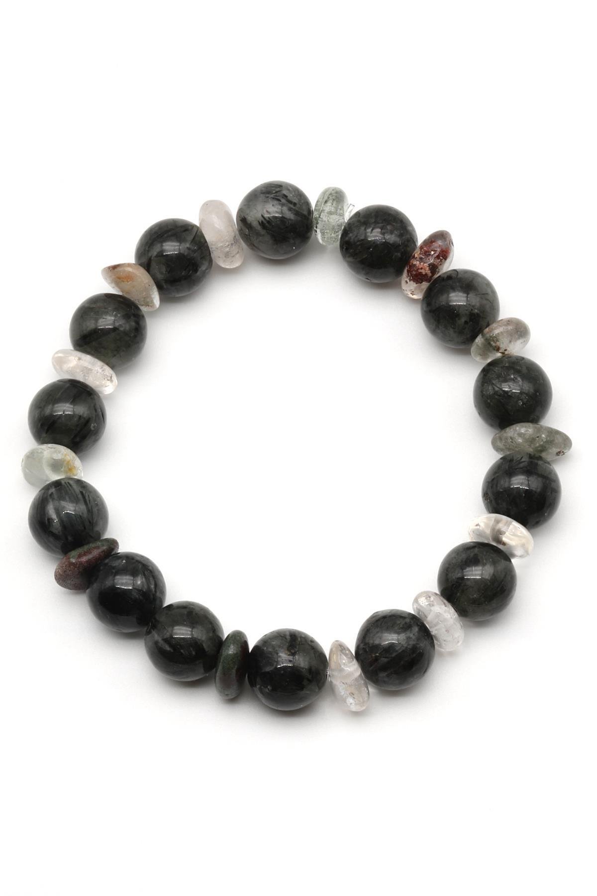 Rutilli Kuvars-Lodolit Kuvars Doğal Taş Tasarım Bileklik 10 mm Küre Kesim