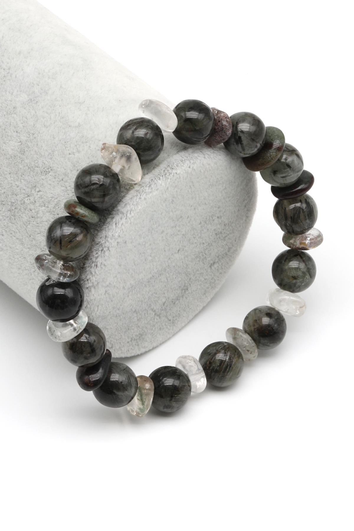 Rutilli Kuvars-Lodolit Kuvars Doğal Taş Tasarım Bileklik 10 mm Küre Kesim