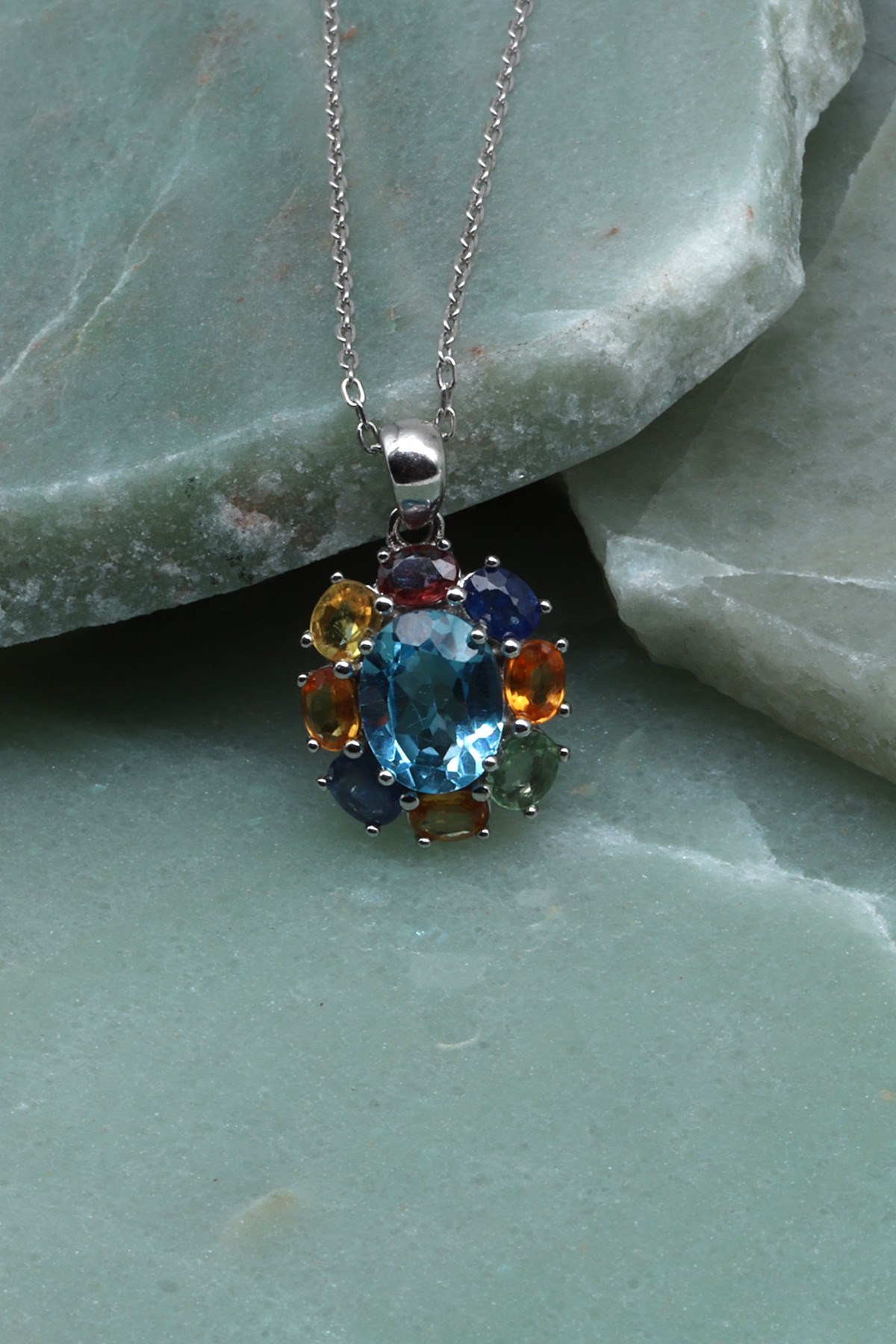 Safir-Topaz Doğal Taş 925 Ayar Gümüş Kolye - KLYG-1641