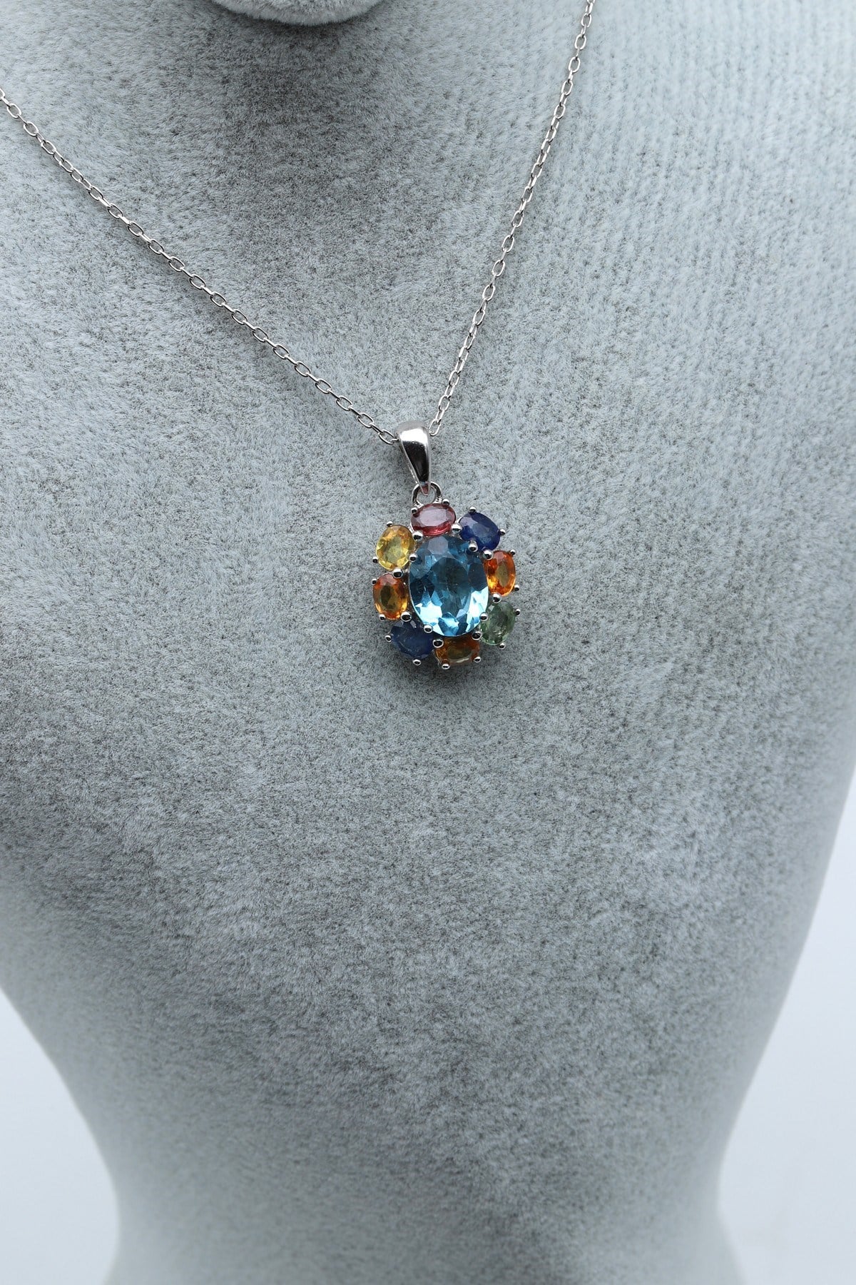 Safir-Topaz Doğal Taş 925 Ayar Gümüş Kolye - KLYG-1641
