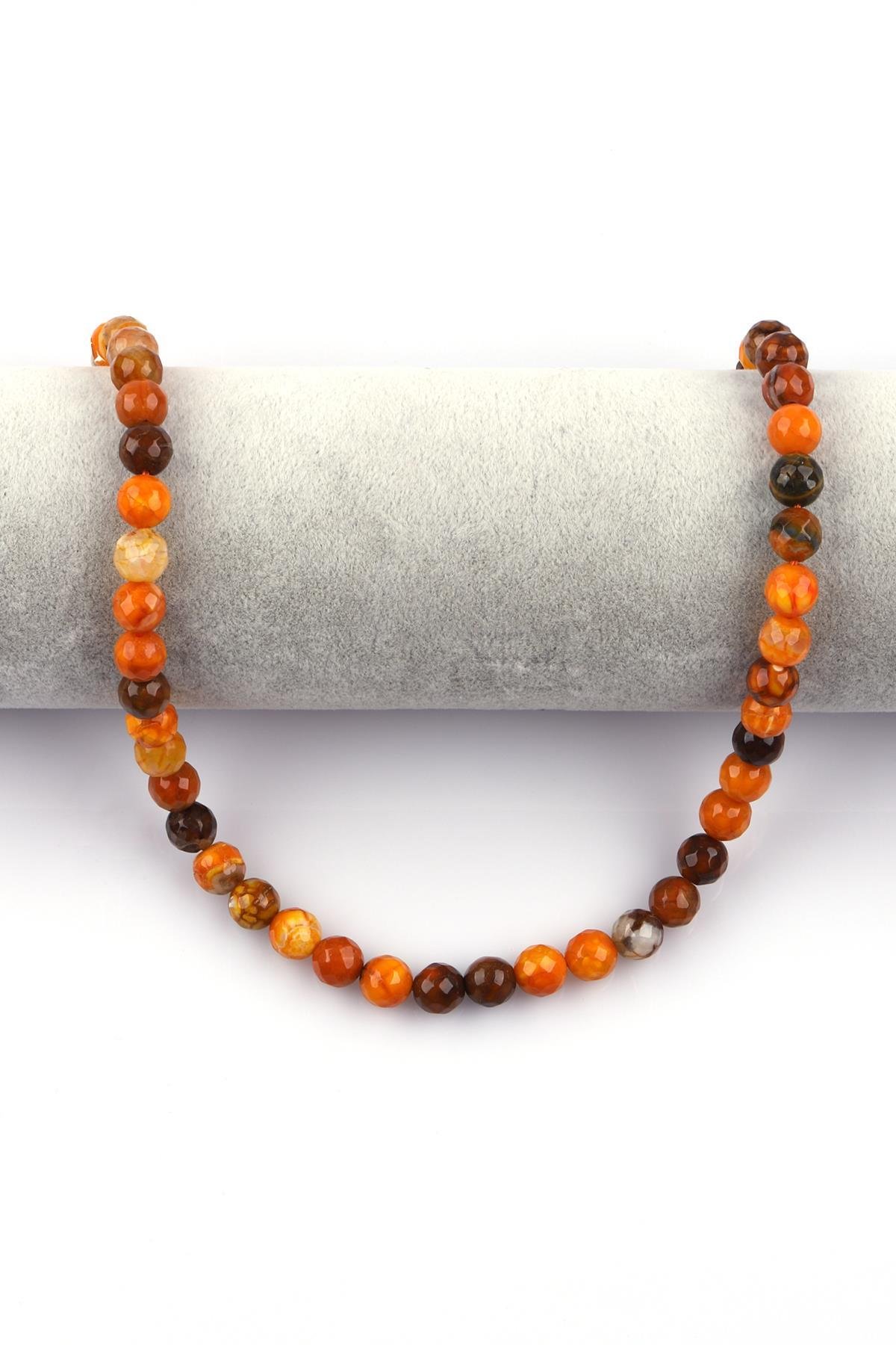 Sarı - Kahverengi Akik Doğal Taş Dizi 8 mm Fasetli Küre Kesim