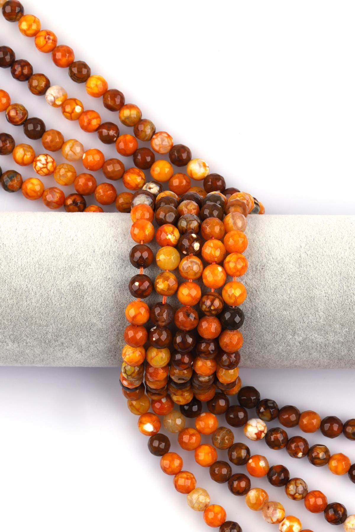 Sarı - Kahverengi Akik Doğal Taş Dizi 8 mm Fasetli Küre Kesim