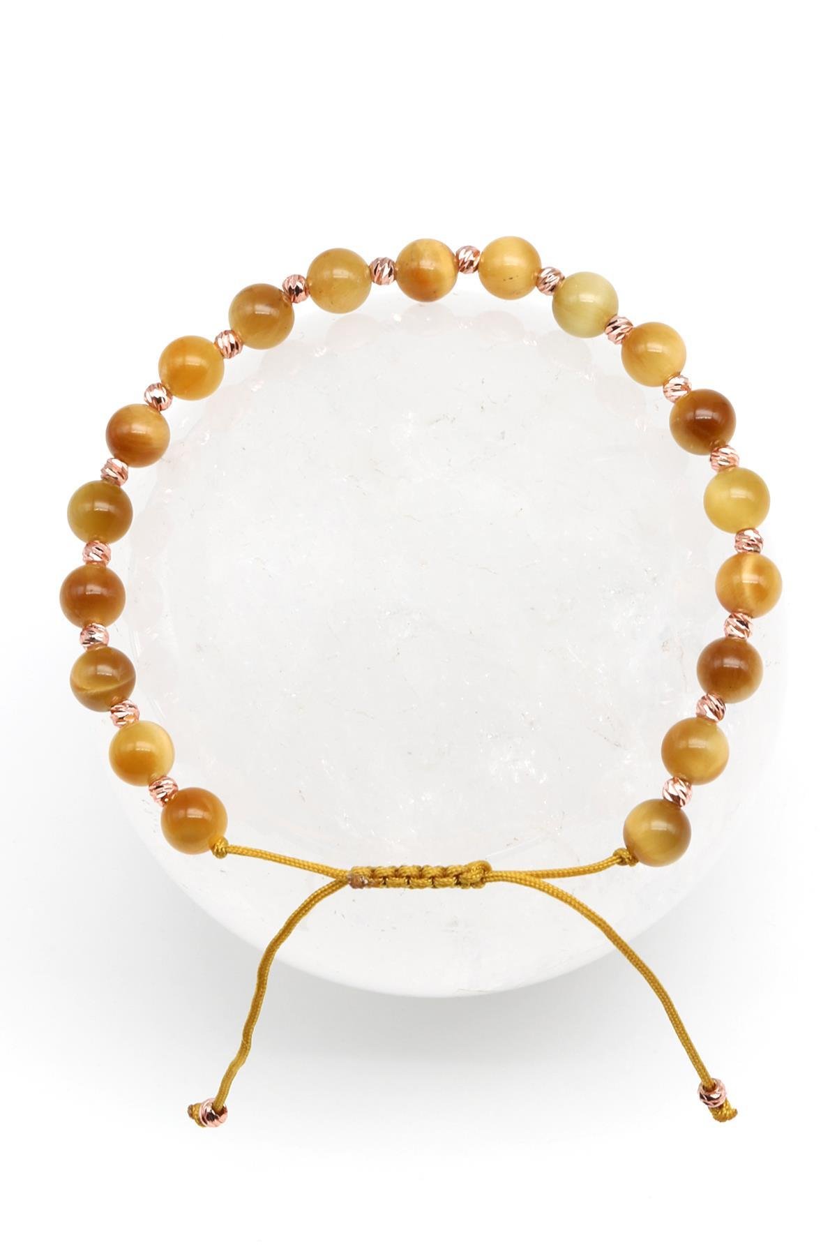 Sarı Kaplan Gözü Doğal Taş Makrome Örme Bileklik Küre Kesim