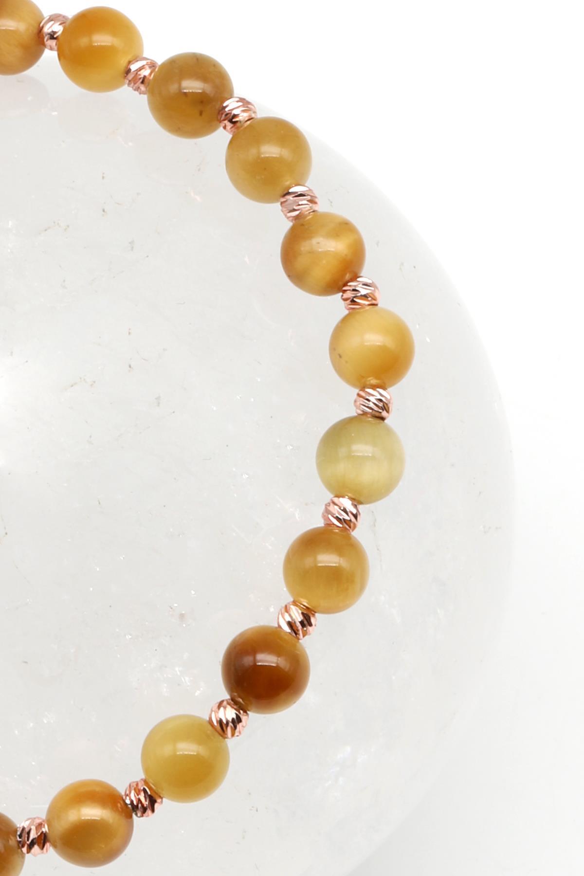 Sarı Kaplan Gözü Doğal Taş Makrome Örme Bileklik Küre Kesim