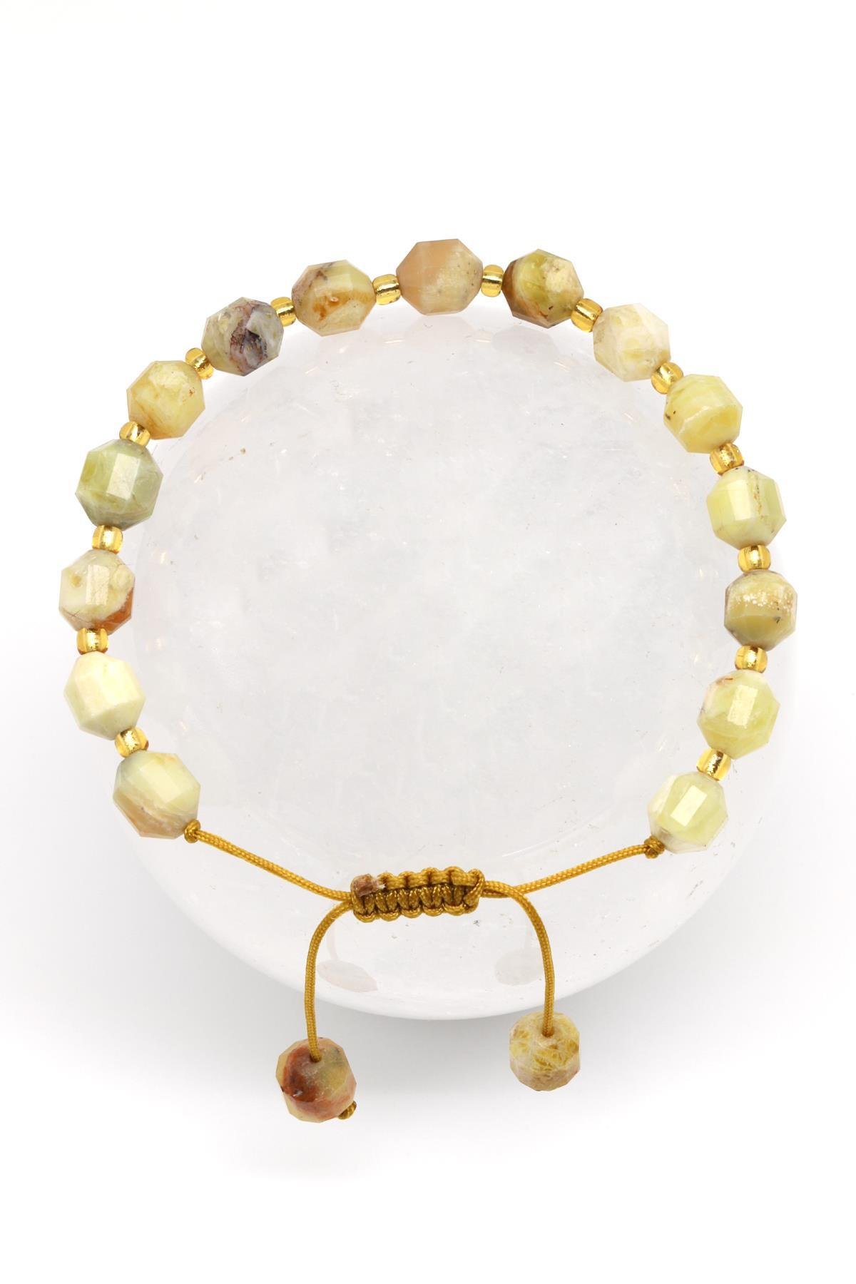 Sarı Opal Doğal Taş Makrome Örme Bileklik Hexagonel Kesim