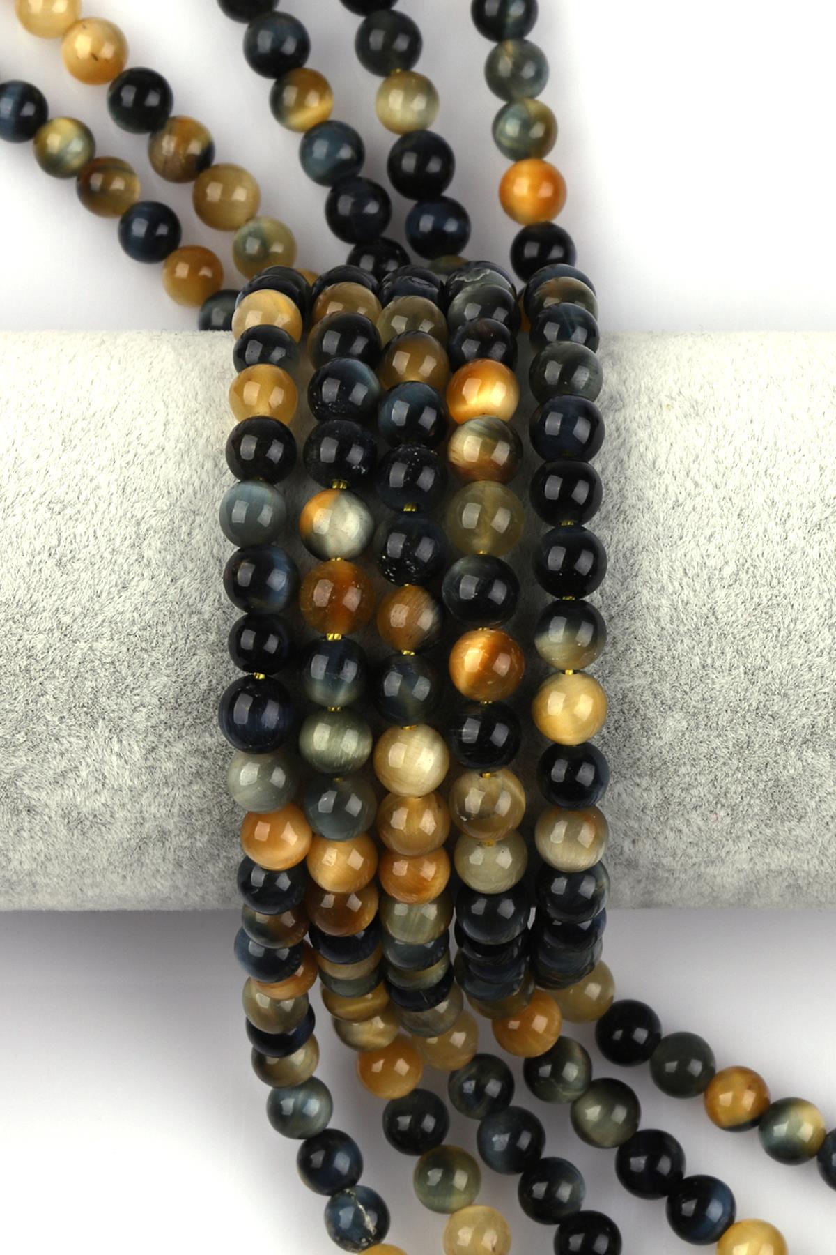 Sarı - Siyah Kaplan Gözü Doğal Taş Dizi 6 mm Küre Kesim