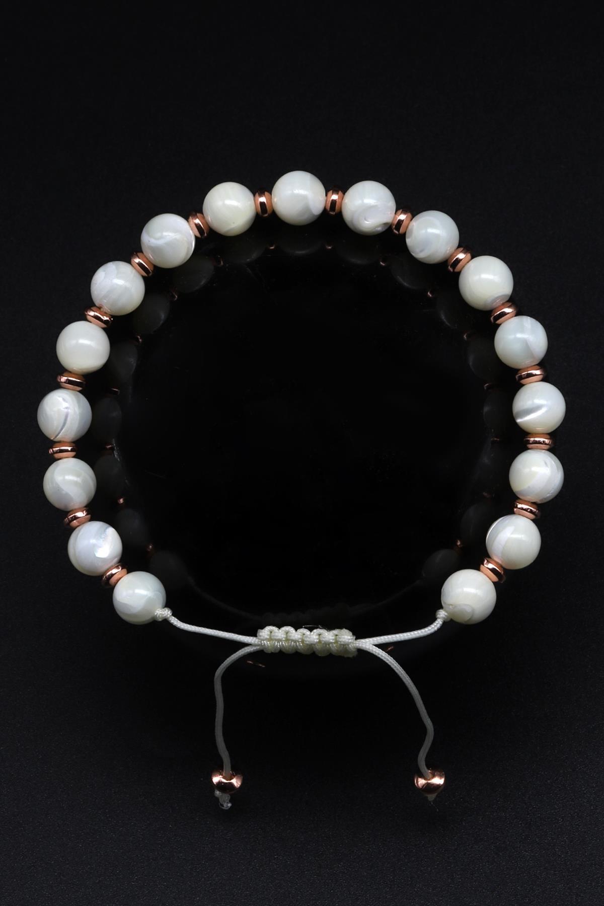 Sedef Doğal Taş Makrome Örme Bileklik Küre Kesim