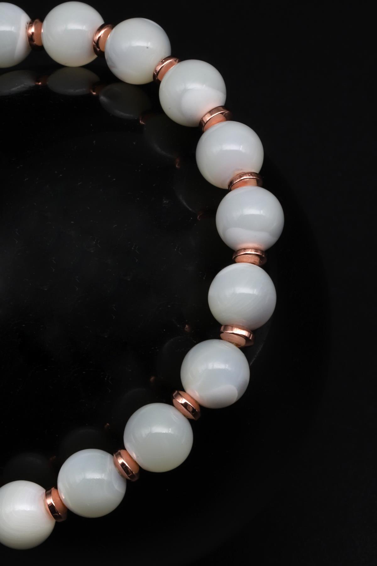 Sedef - Hematit Doğal Taş Makrome Örme Bileklik Küre Kesim