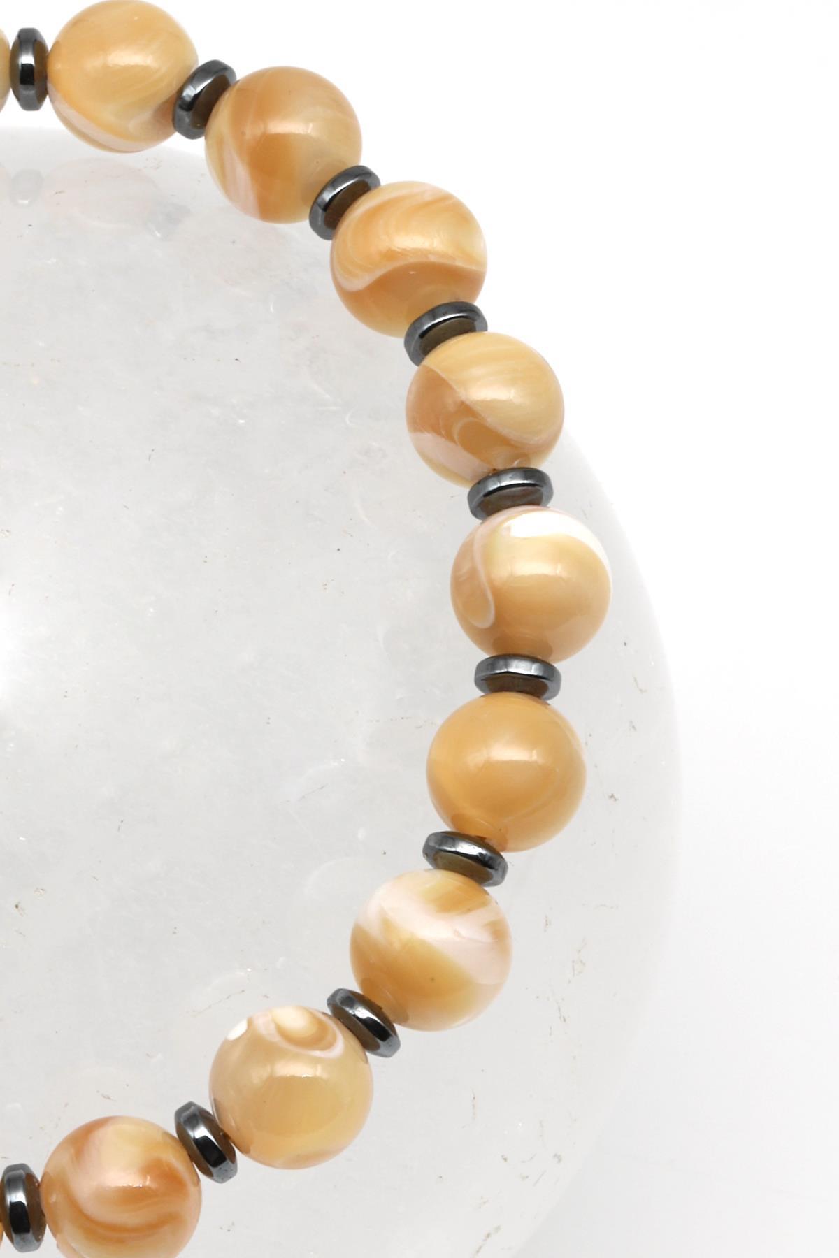 Sedef - Hematit Doğal Taş Makrome Örme Bileklik Küre Kesim