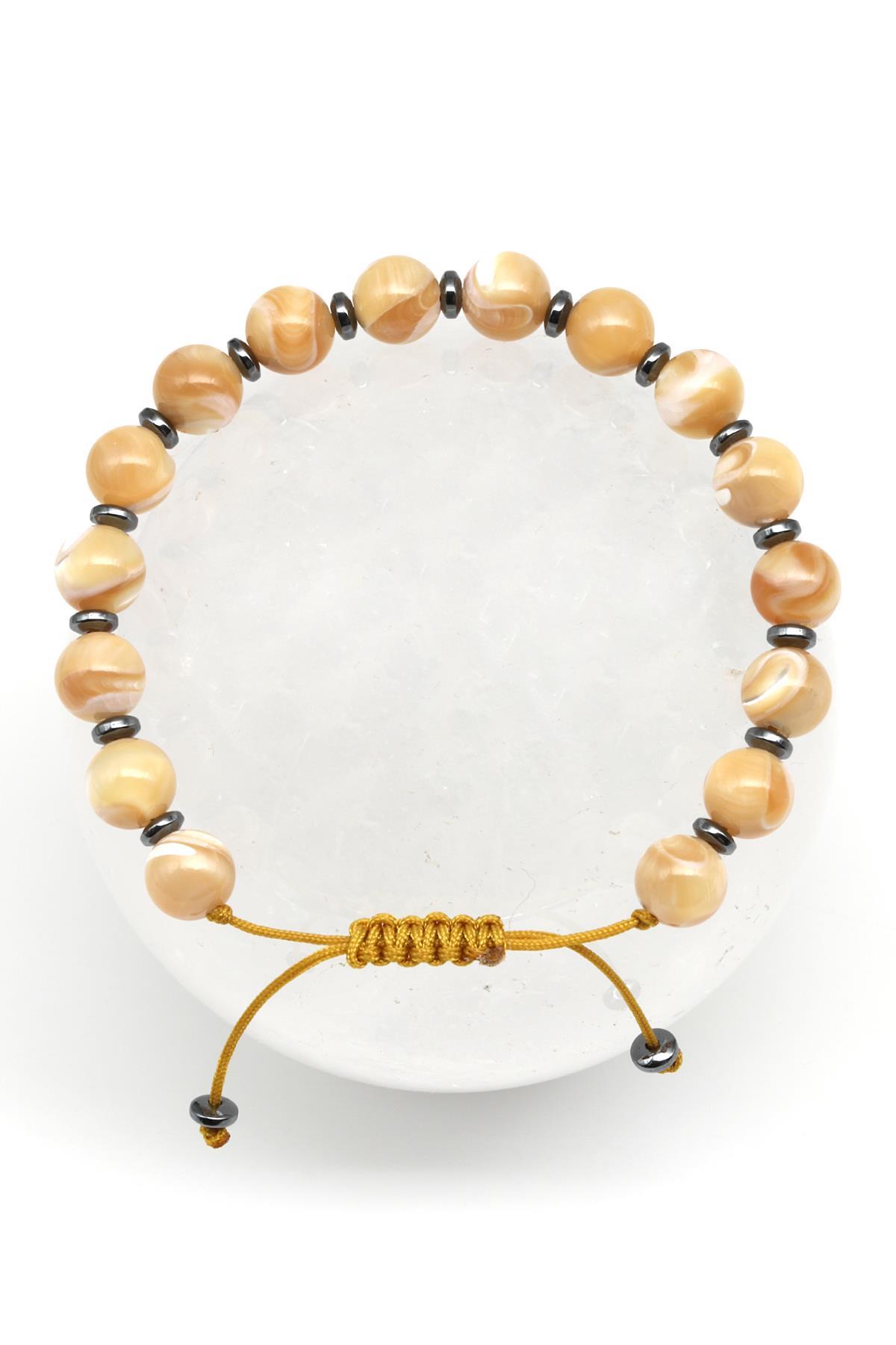 Sedef - Hematit Doğal Taş Makrome Örme Bileklik Küre Kesim