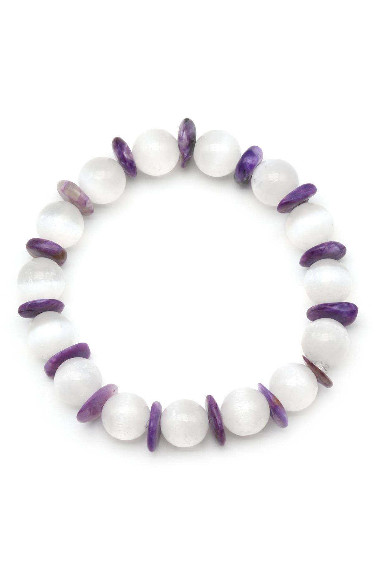 Selenit-Çeroit Doğal Taş Tasarım Bileklik 10 mm Küre Kesim