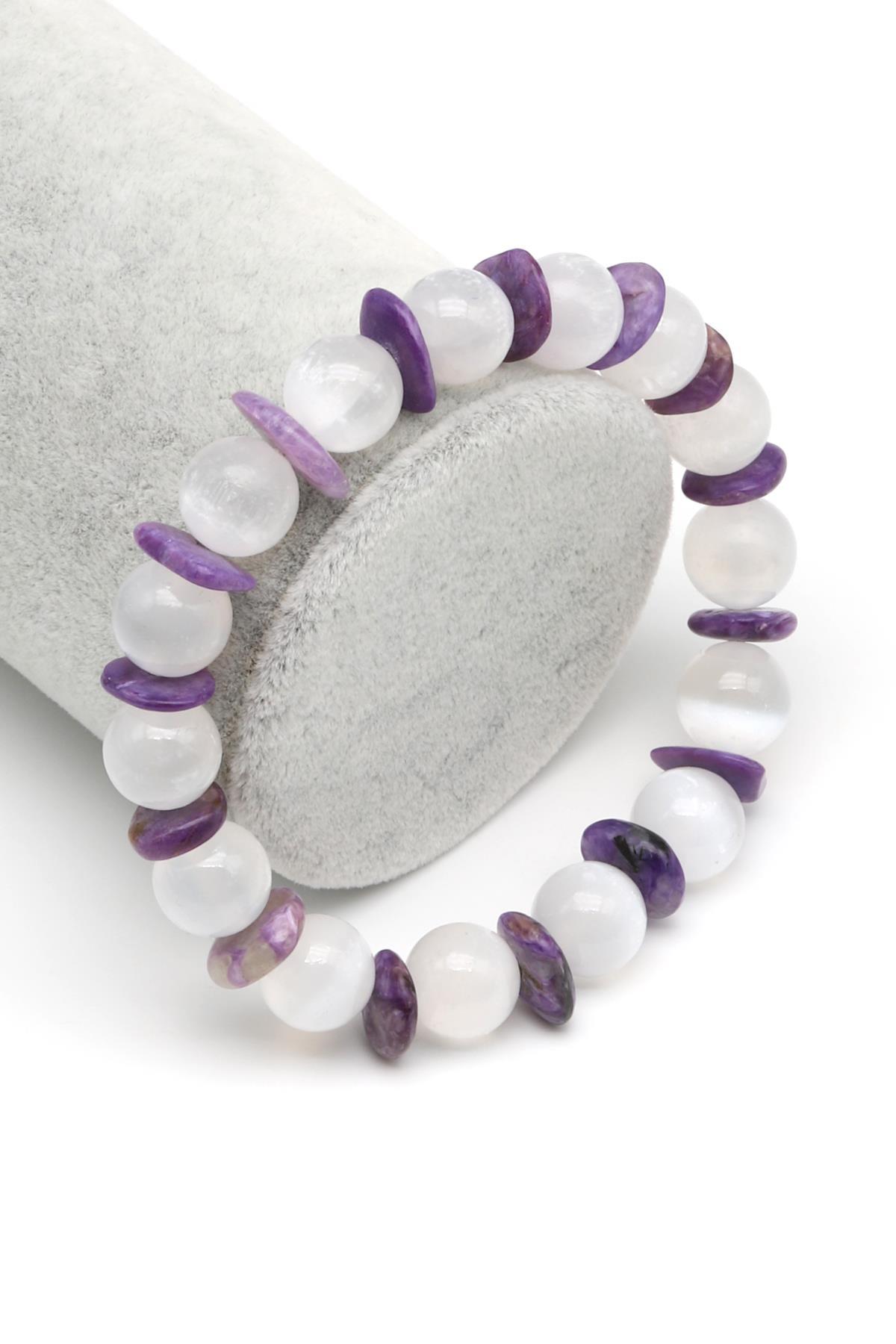 Selenit-Çeroit Doğal Taş Tasarım Bileklik 10 mm Küre Kesim