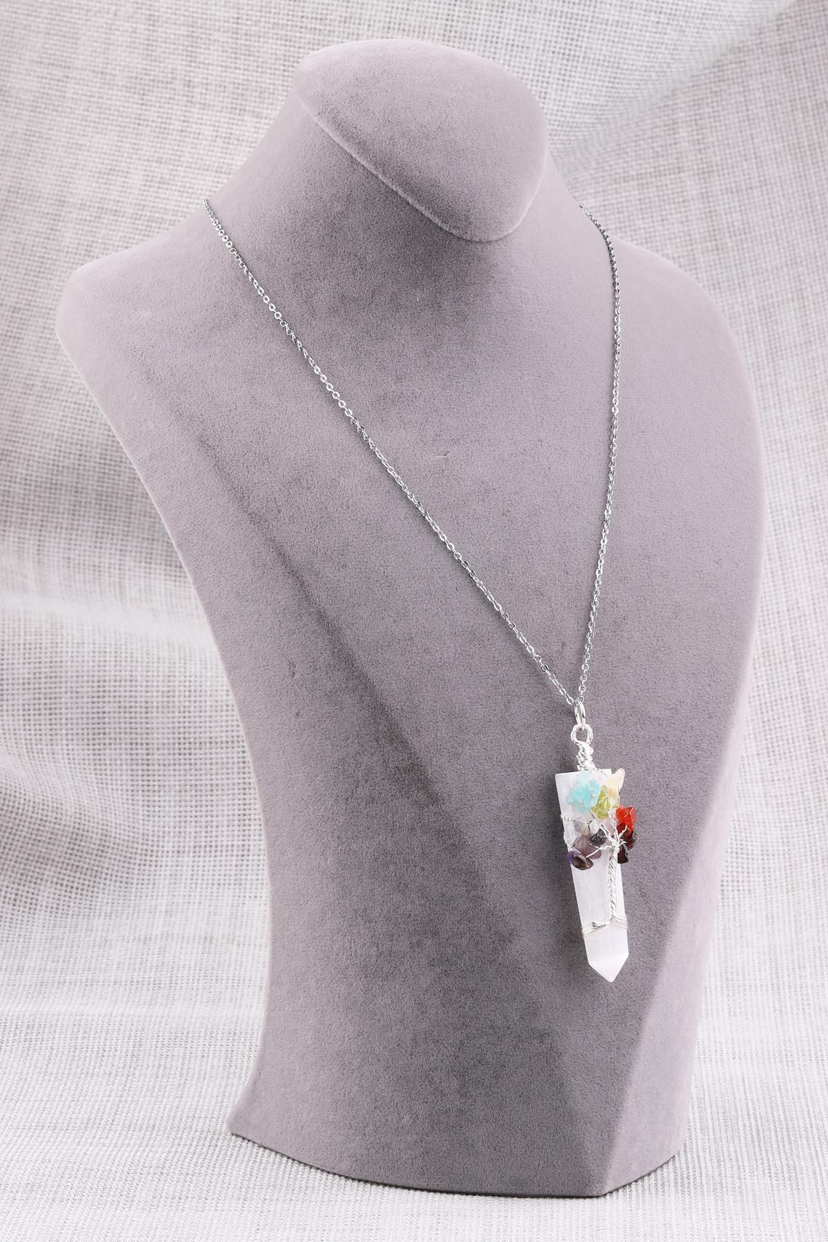 Selenit Doğal Taş Tel Sarmalı Çakra Kolye