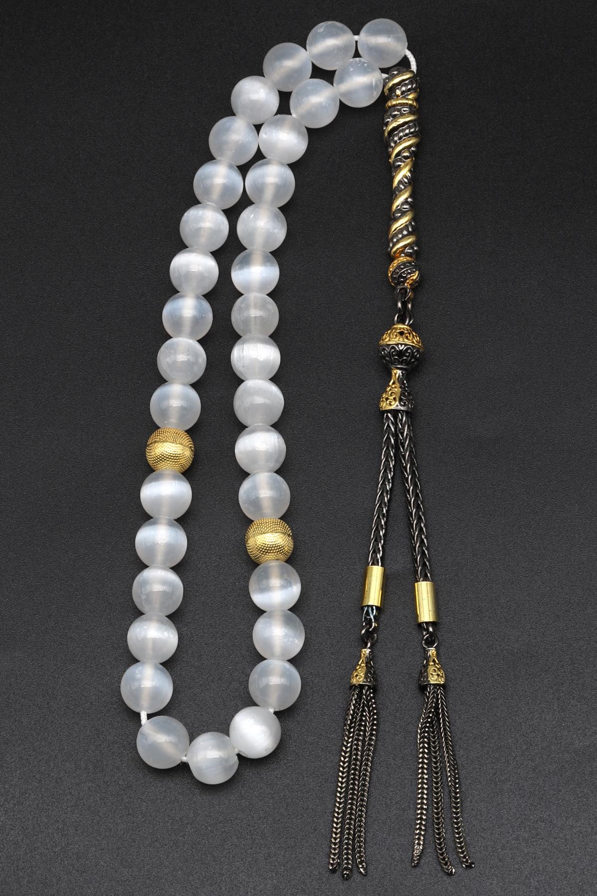 Selenit Doğal Taş Tesbih 925 Ayar Gümüş 8 mm Küre Kesim