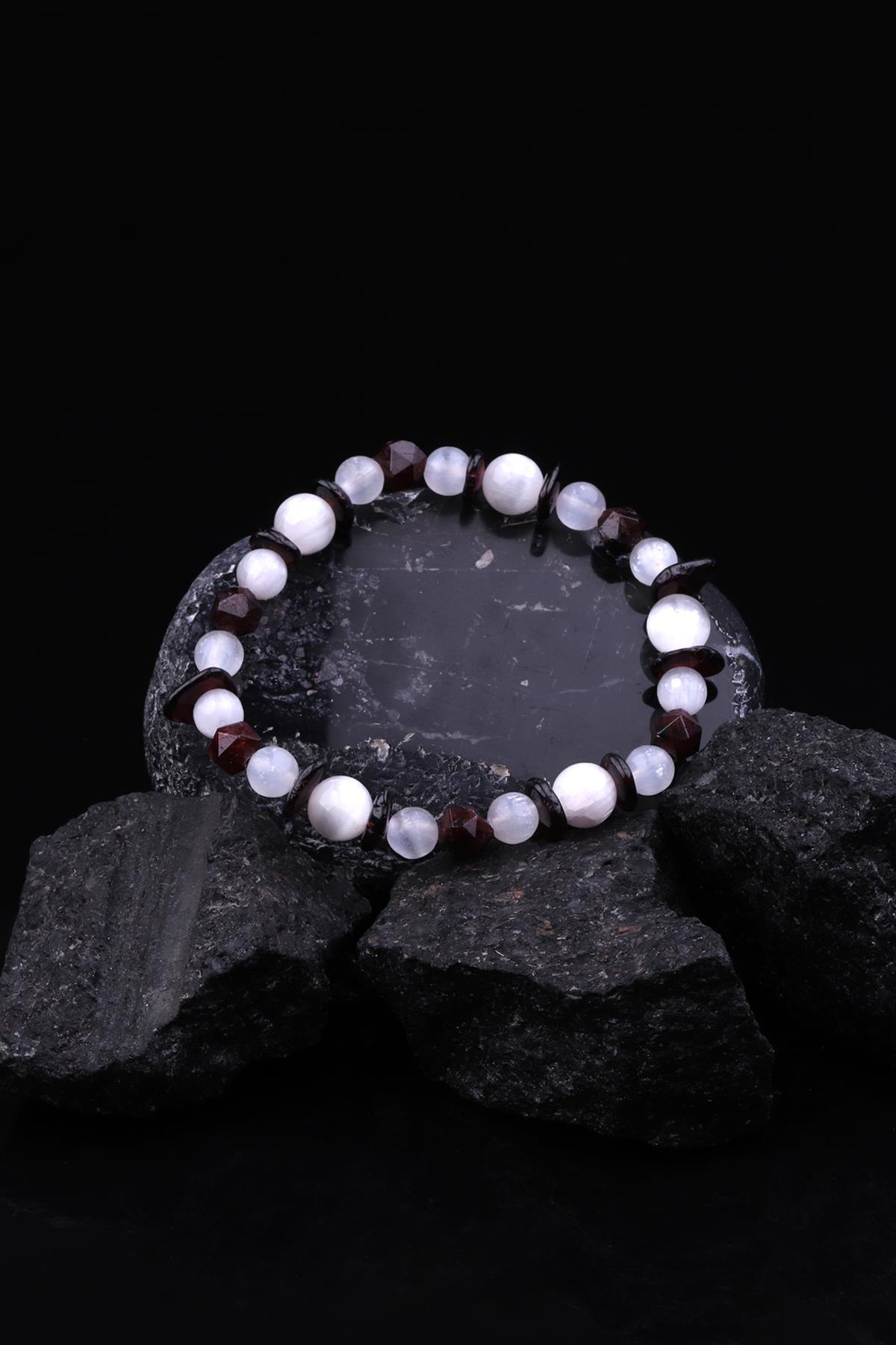 Selenit - Garnet-Lal Doğal Taş Tasarım Bileklik