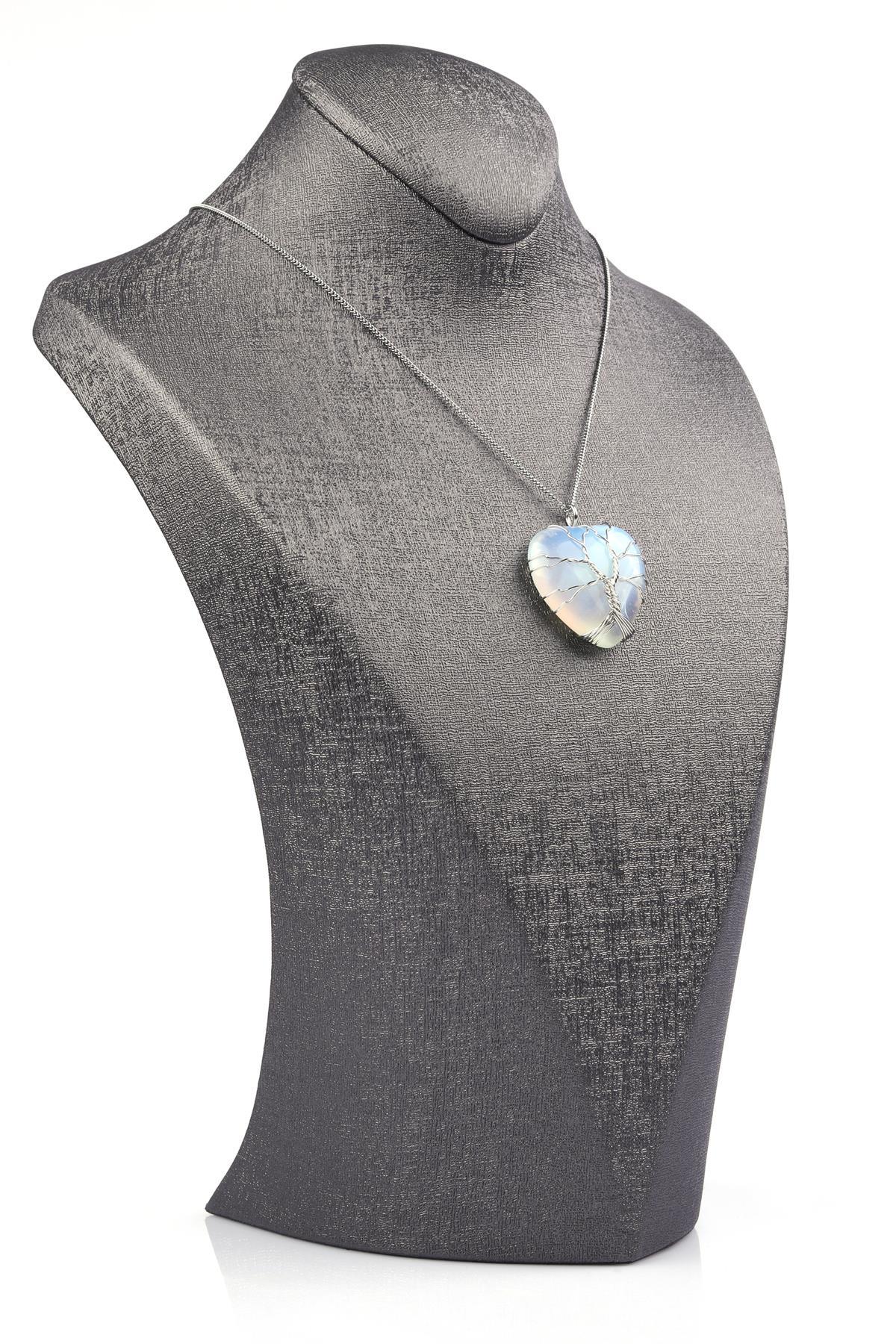 Sentetik Opal Doğal Taş Kalp Model Tel Sarmalı Kolye