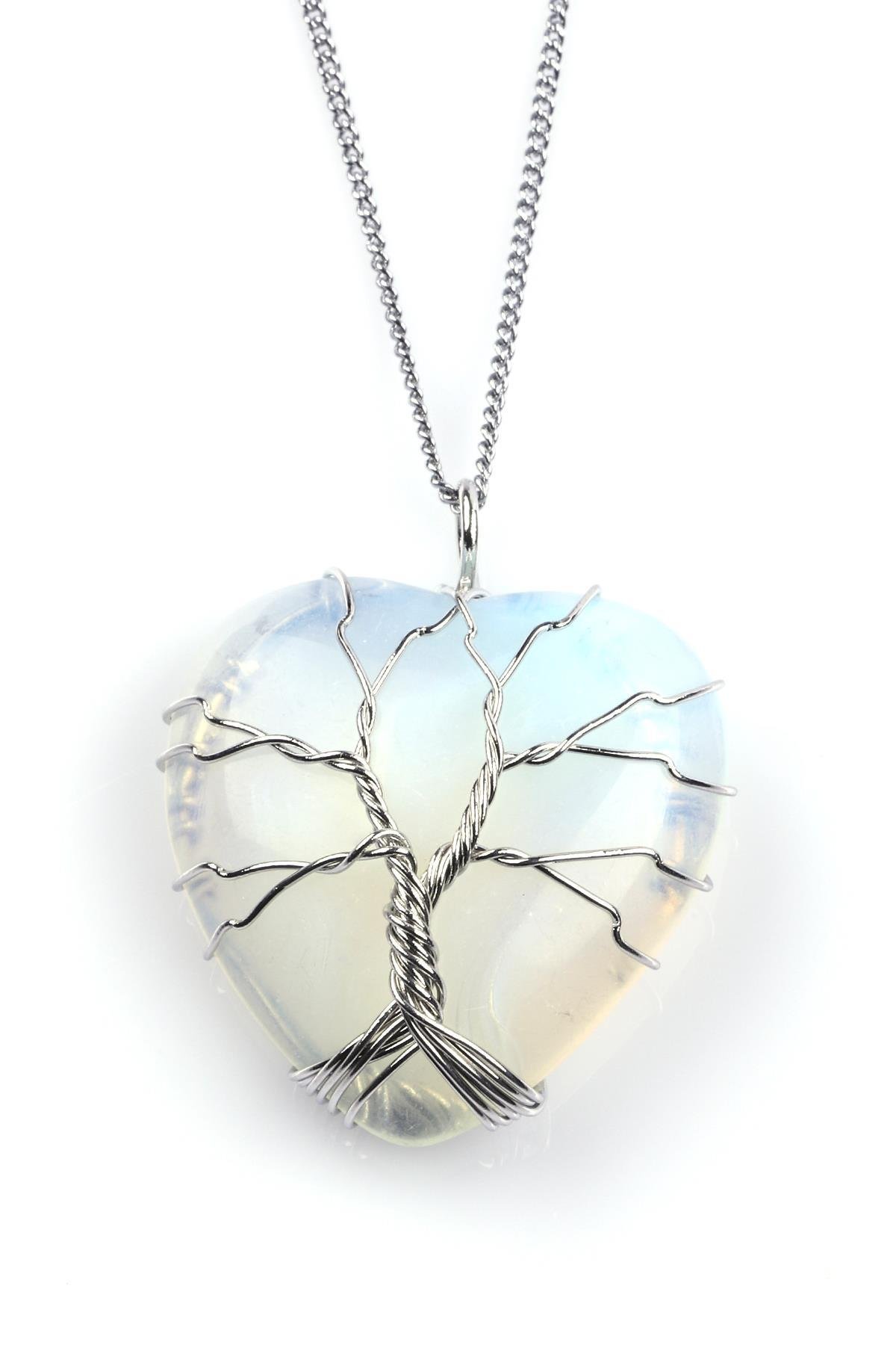 Sentetik Opal Doğal Taş Kalp Model Tel Sarmalı Kolye