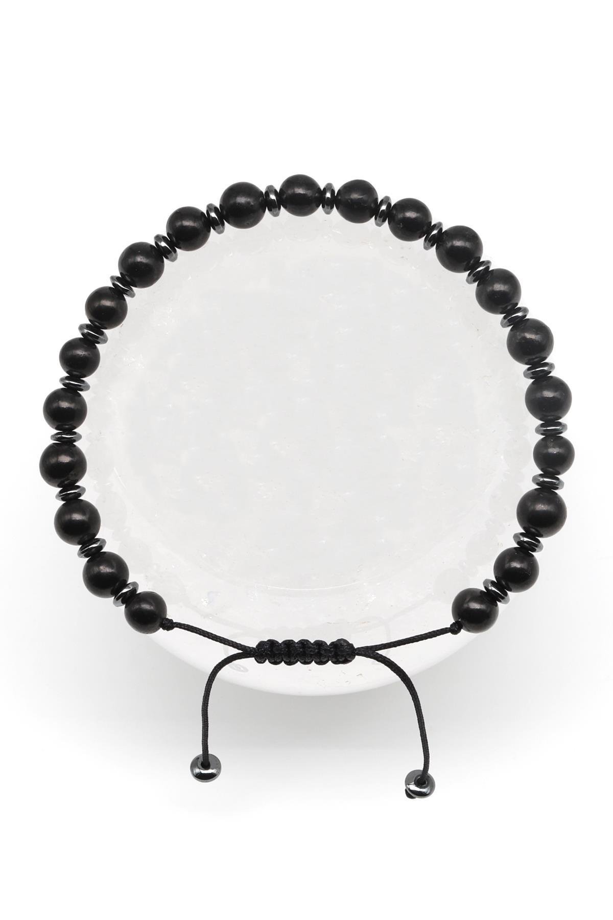 Shungite Doğal Taş Makrome Örme Bileklik Küre Kesim