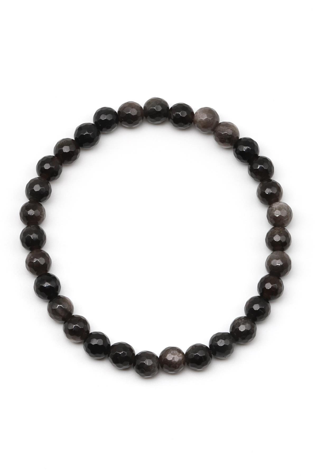 Silver Obsidyen Doğal Taş Bileklik 6 mm Fasetli Küre Kesim