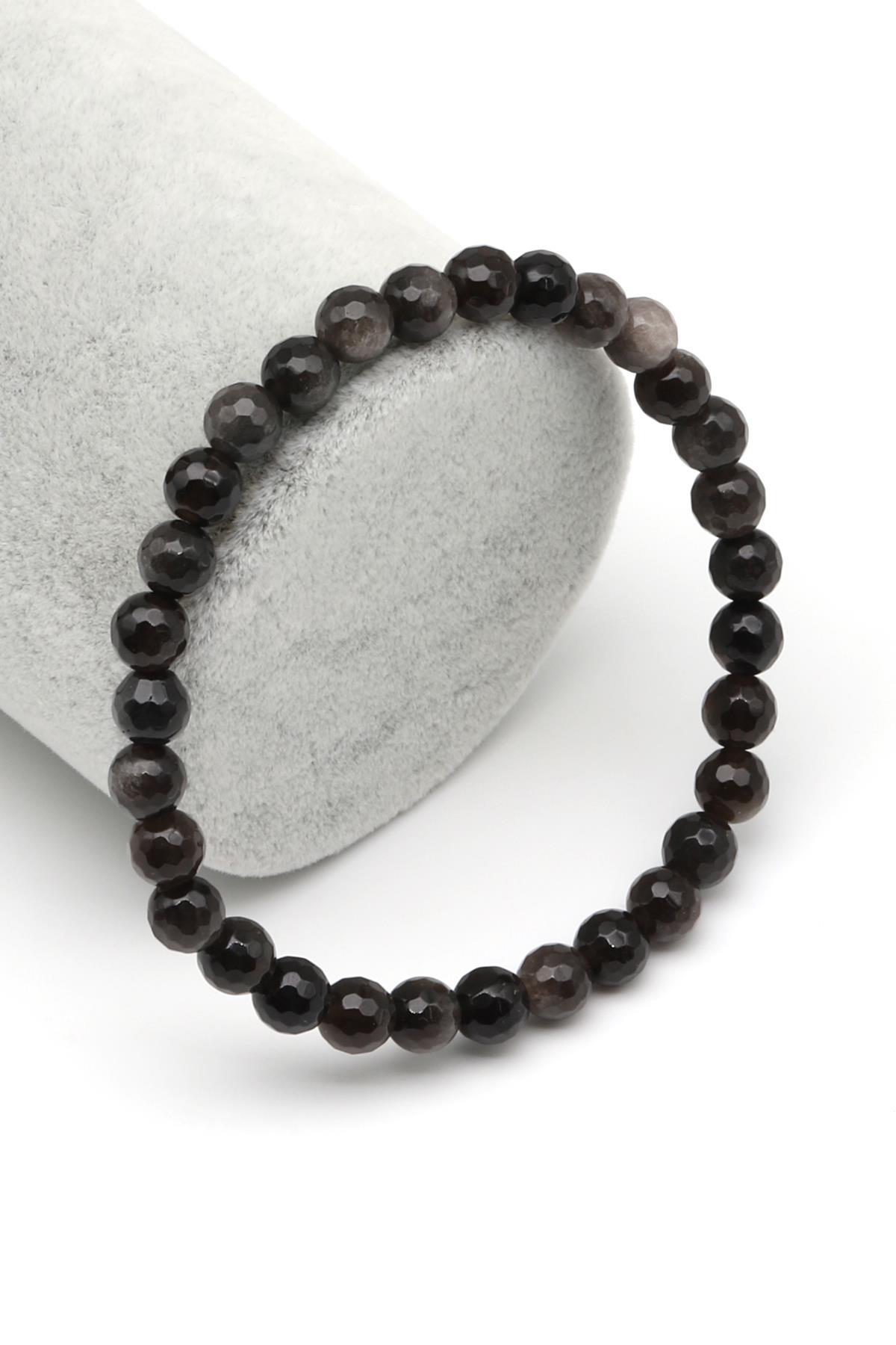 Silver Obsidyen Doğal Taş Bileklik 6 mm Fasetli Küre Kesim